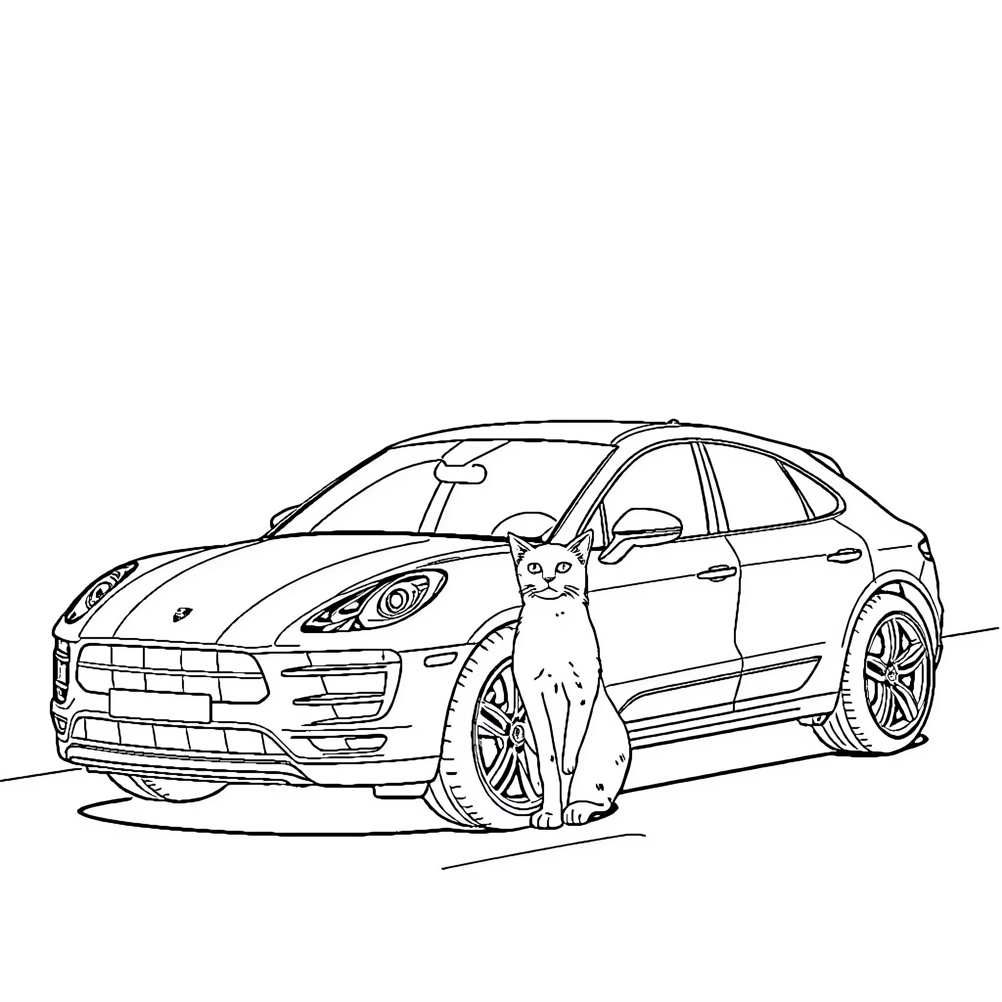 Cat lounging near sleek sports car Coloring Page (free black-and-white line drawing printable PDF for all, from beginners to advanced learners, including children, teens, adults, and seniors)