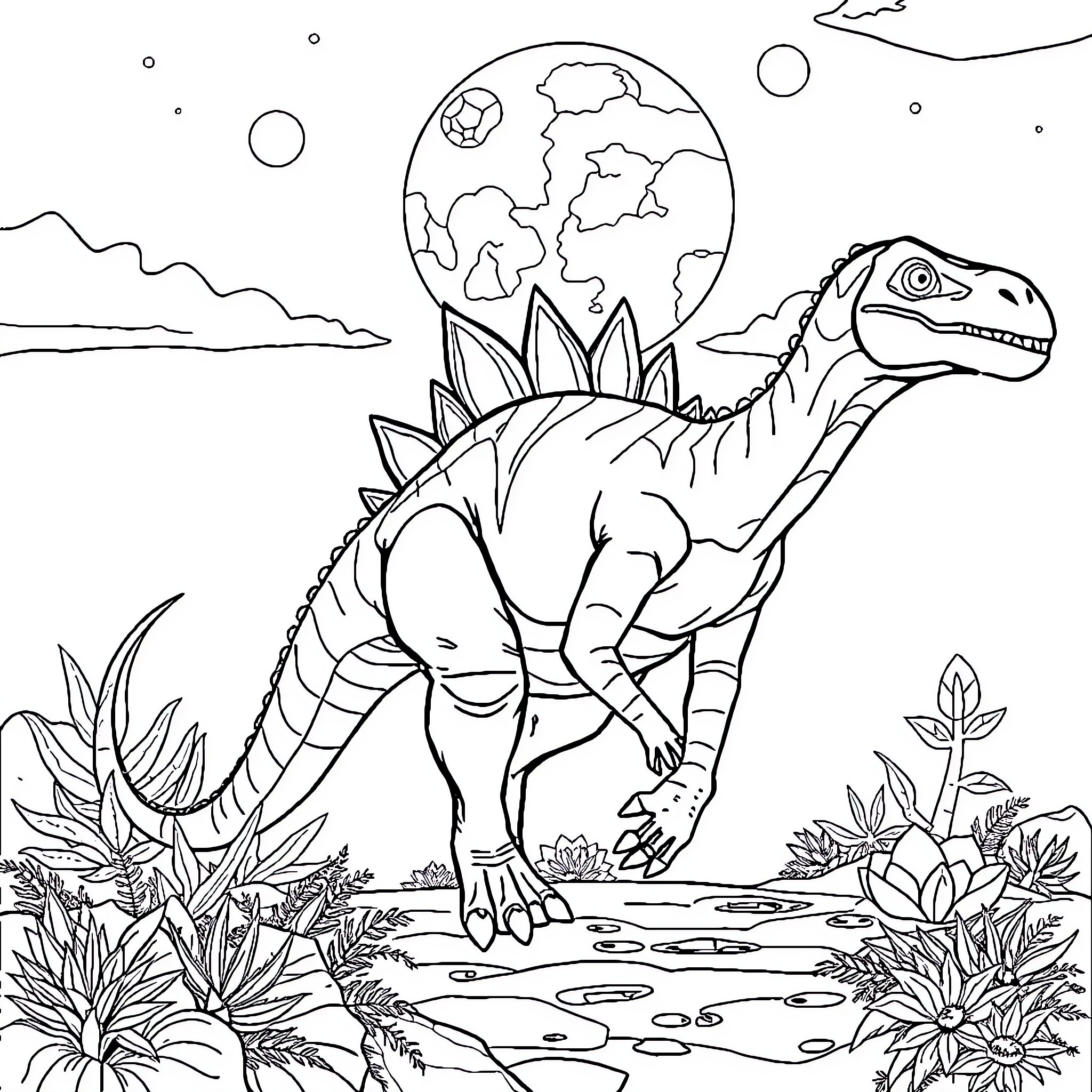 Dinosaur in prehistoric landscape Coloring Page (free black-and-white line drawing printable PDF for all, from beginners to advanced learners, including children, teens, adults, and seniors)