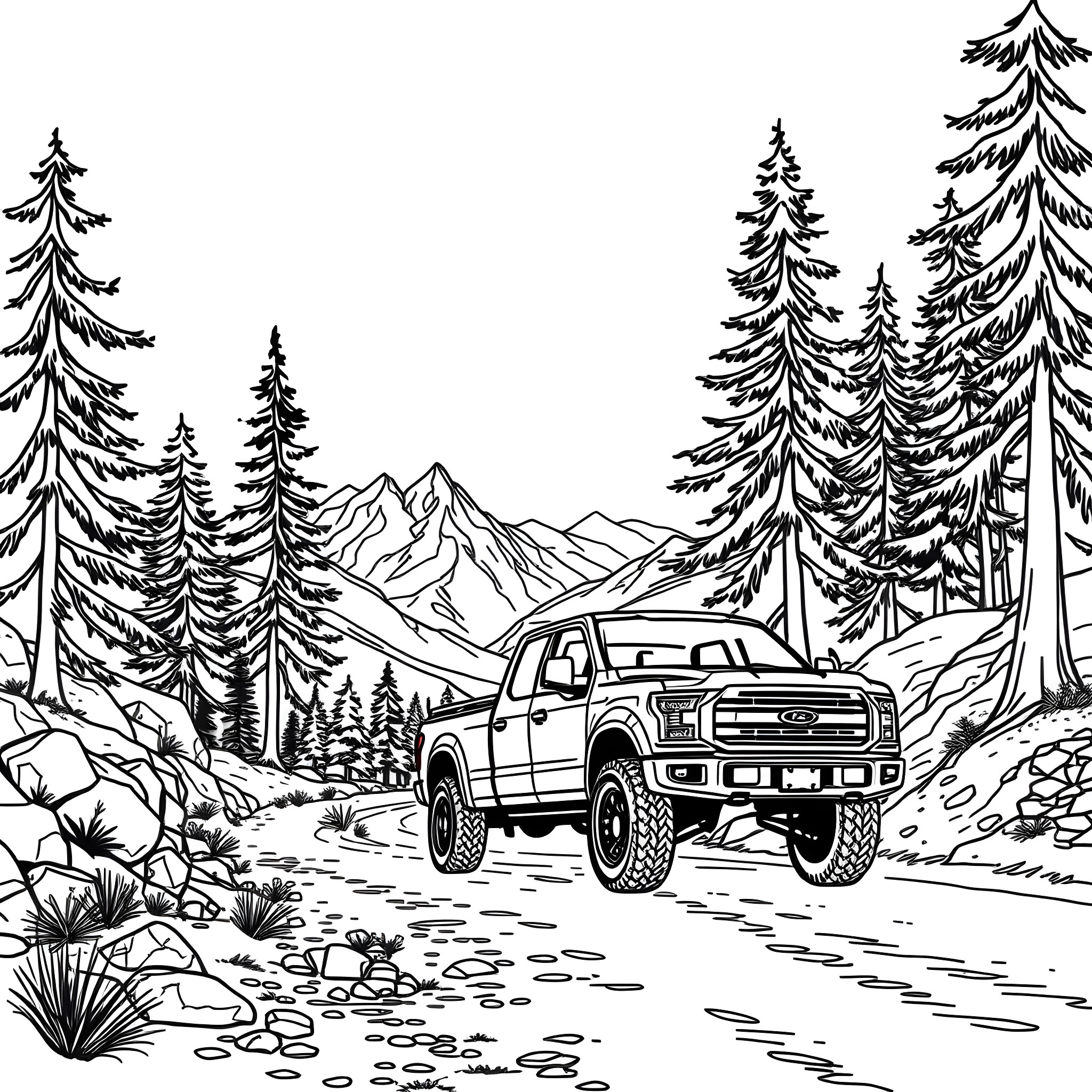 Pickup Truck in the rugged mountain landscape Coloring Page (free black-and-white line drawing printable PDF for all, from beginners to advanced learners, including children, teens, adults, and seniors)