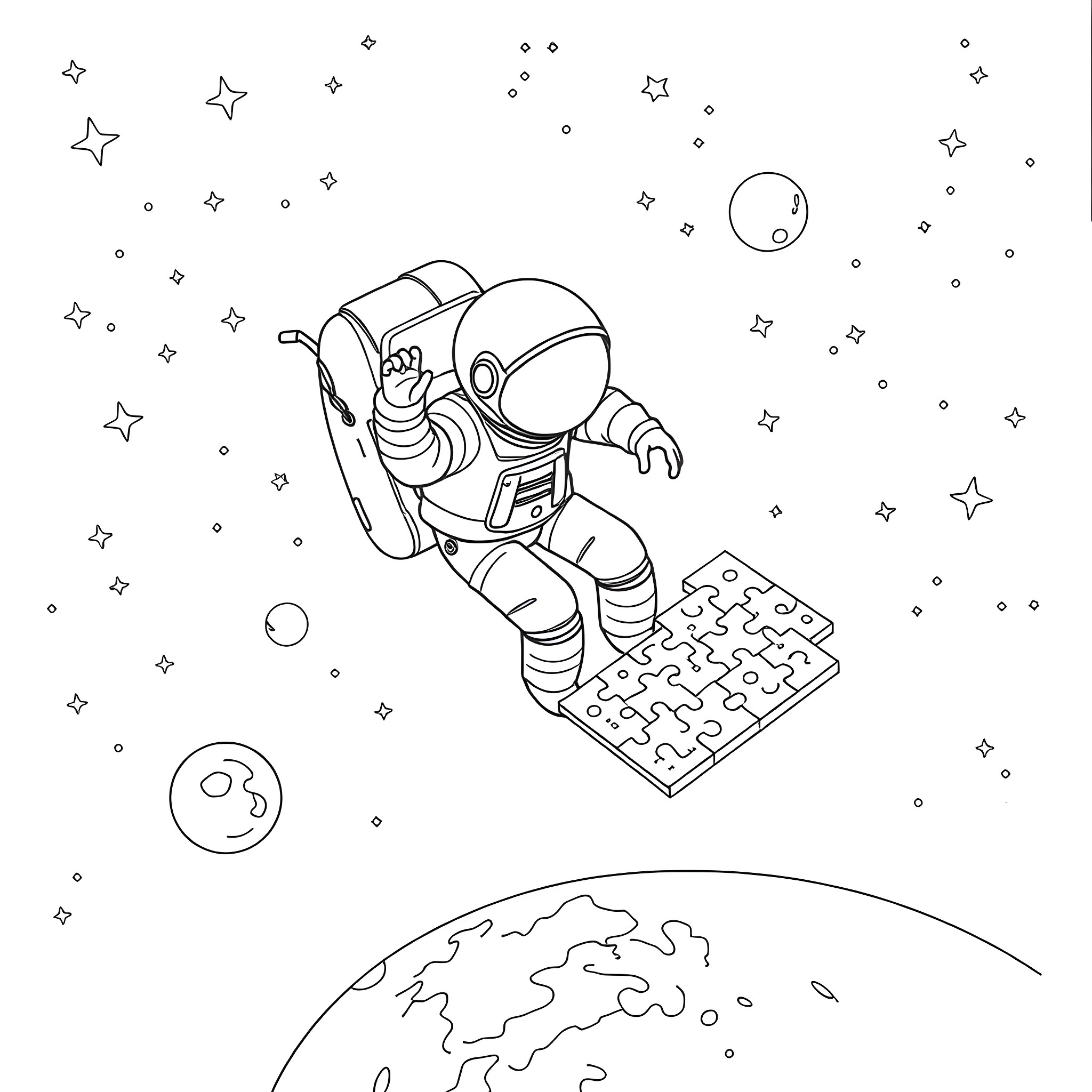 Person playing in outer space with puzzle pieces Coloring Page (free black-and-white line drawing printable PDF for all, from beginners to advanced learners, including children, teens, adults, and seniors)