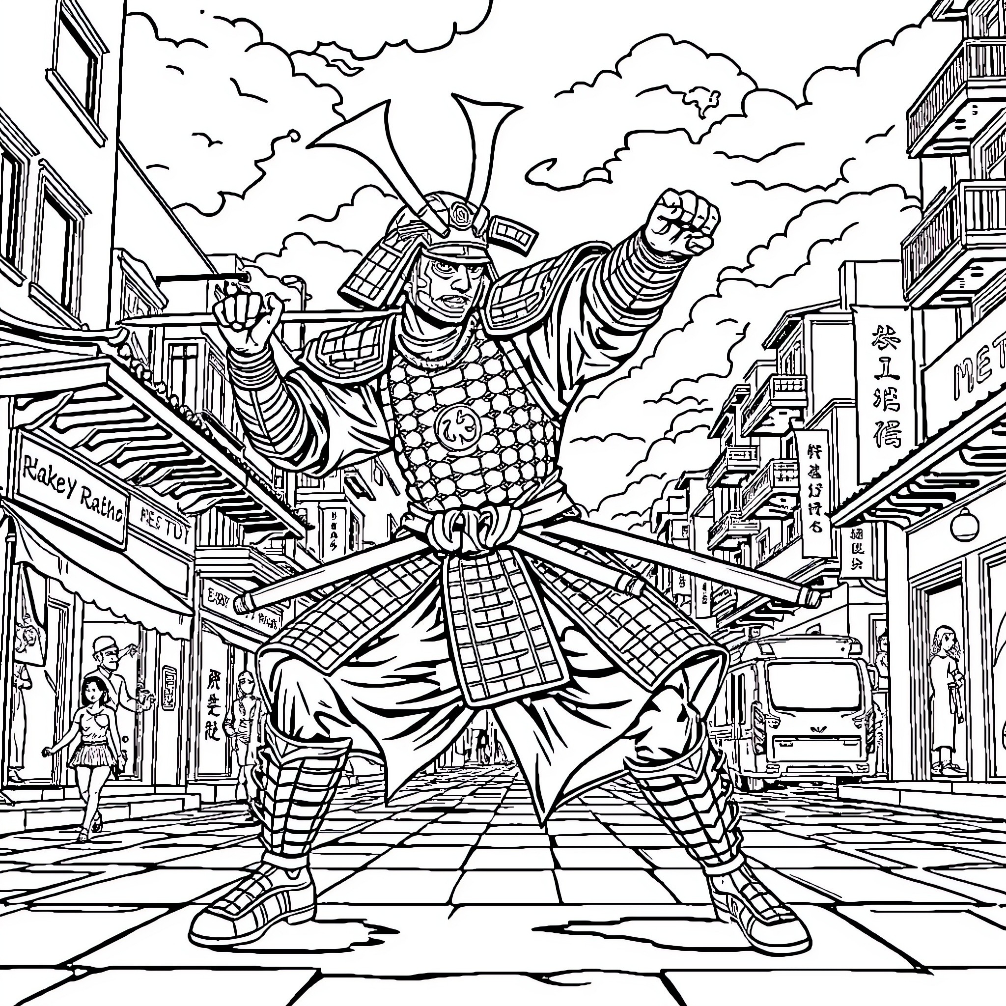 Samurai Warrior in Battle-Ready Stance on City Street Coloring Page (free black-and-white line drawing printable PDF for all, from beginners to advanced learners, including children, teens, adults, and seniors)