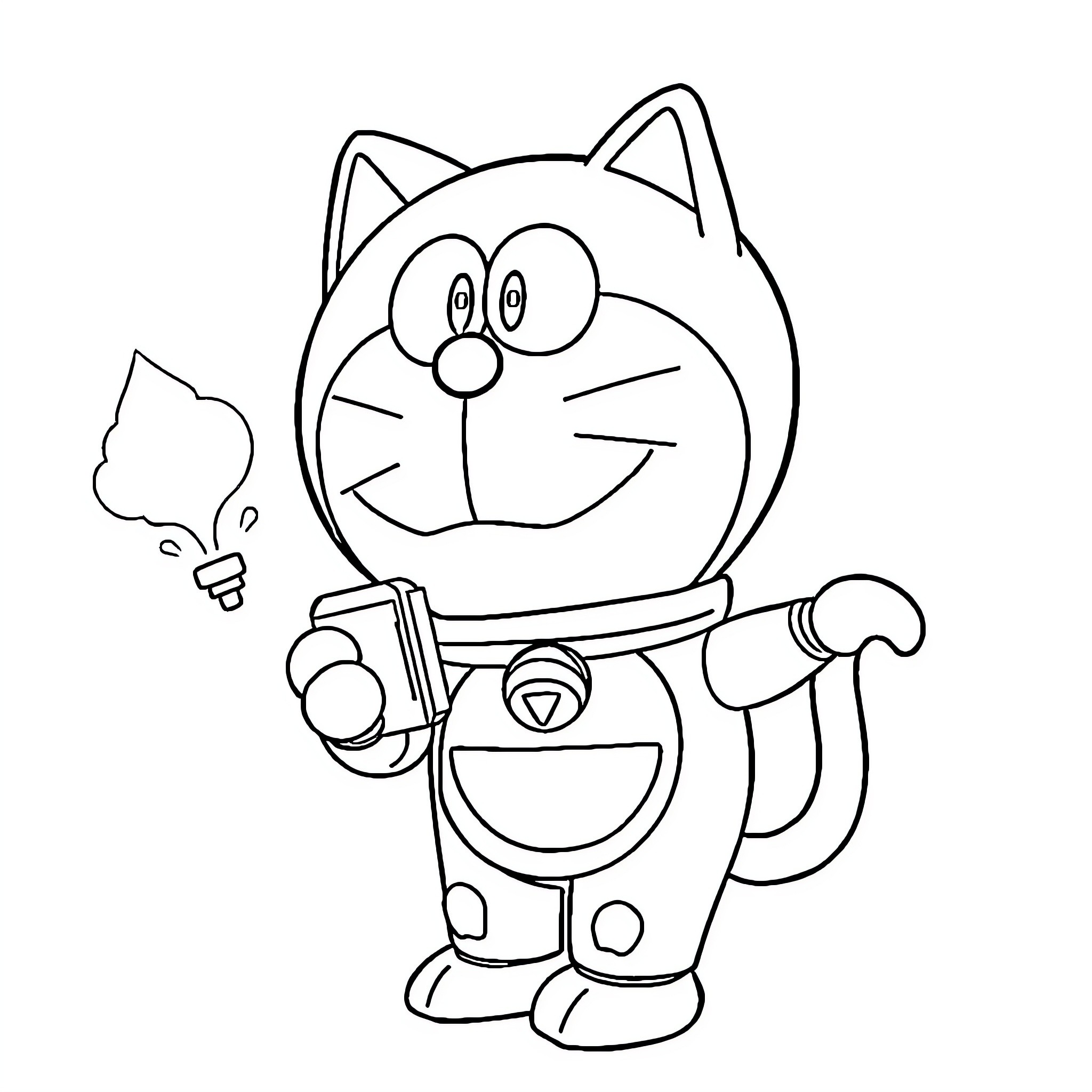 Doraemon holding a gadget with a smile Coloring Page (free black-and-white line drawing printable PDF for all, from beginners to advanced learners, including children, teens, adults, and seniors)