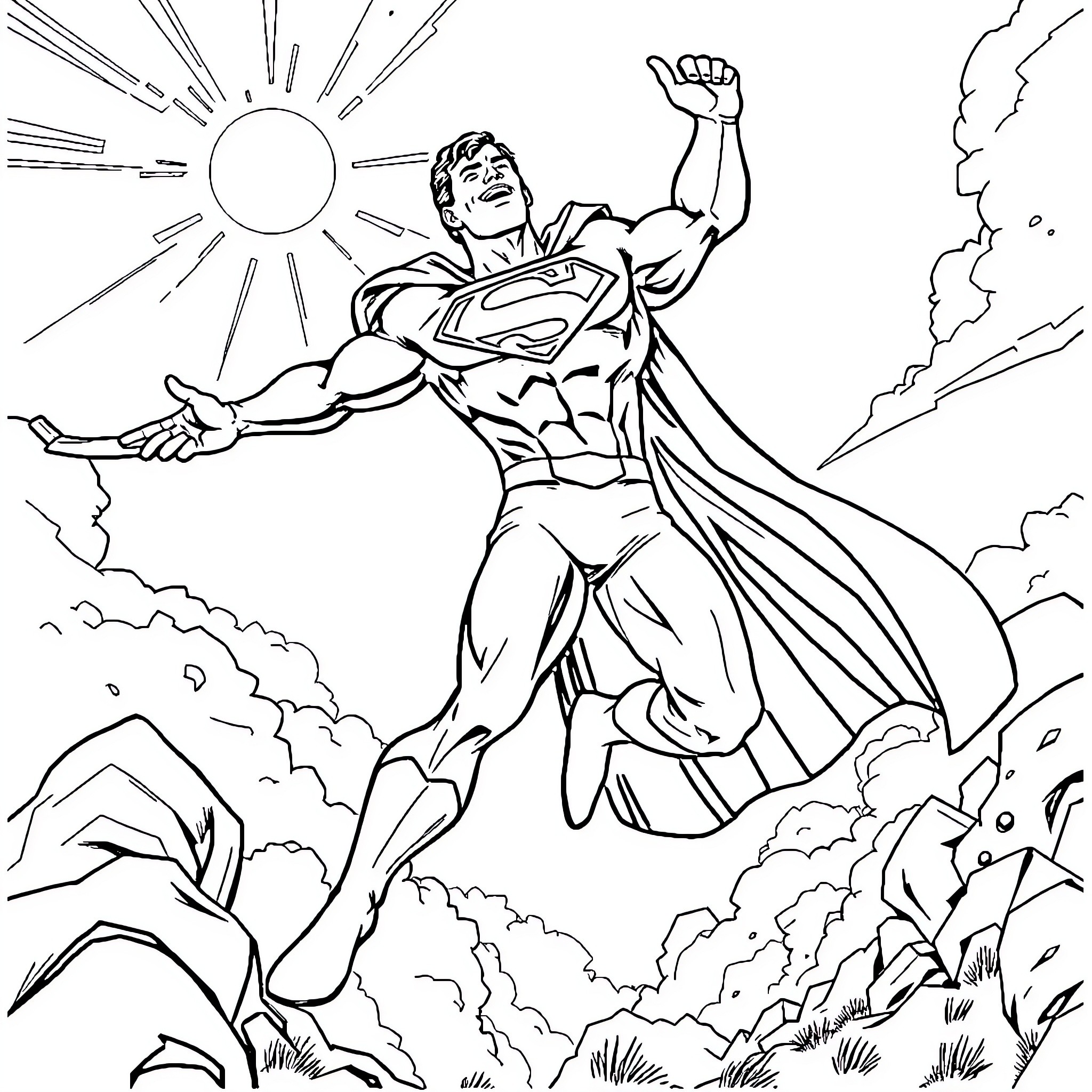 Superman soaring through the sky with heroic pose Coloring Page (free black-and-white line drawing printable PDF for all, from beginners to advanced learners, including children, teens, adults, and seniors)