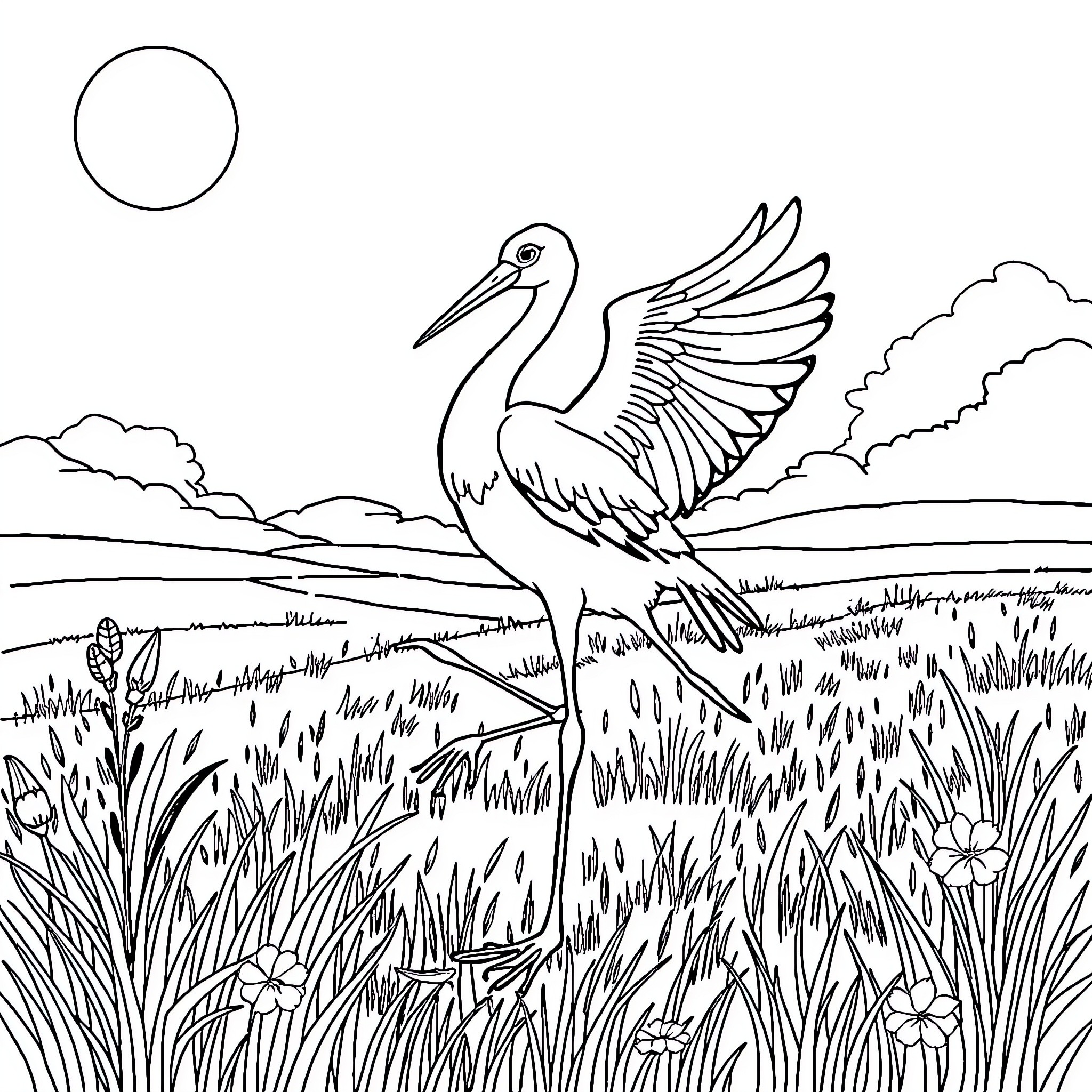 Stork soaring over a grassy field Coloring Page (free black-and-white line drawing printable PDF for all, from beginners to advanced learners, including children, teens, adults, and seniors)