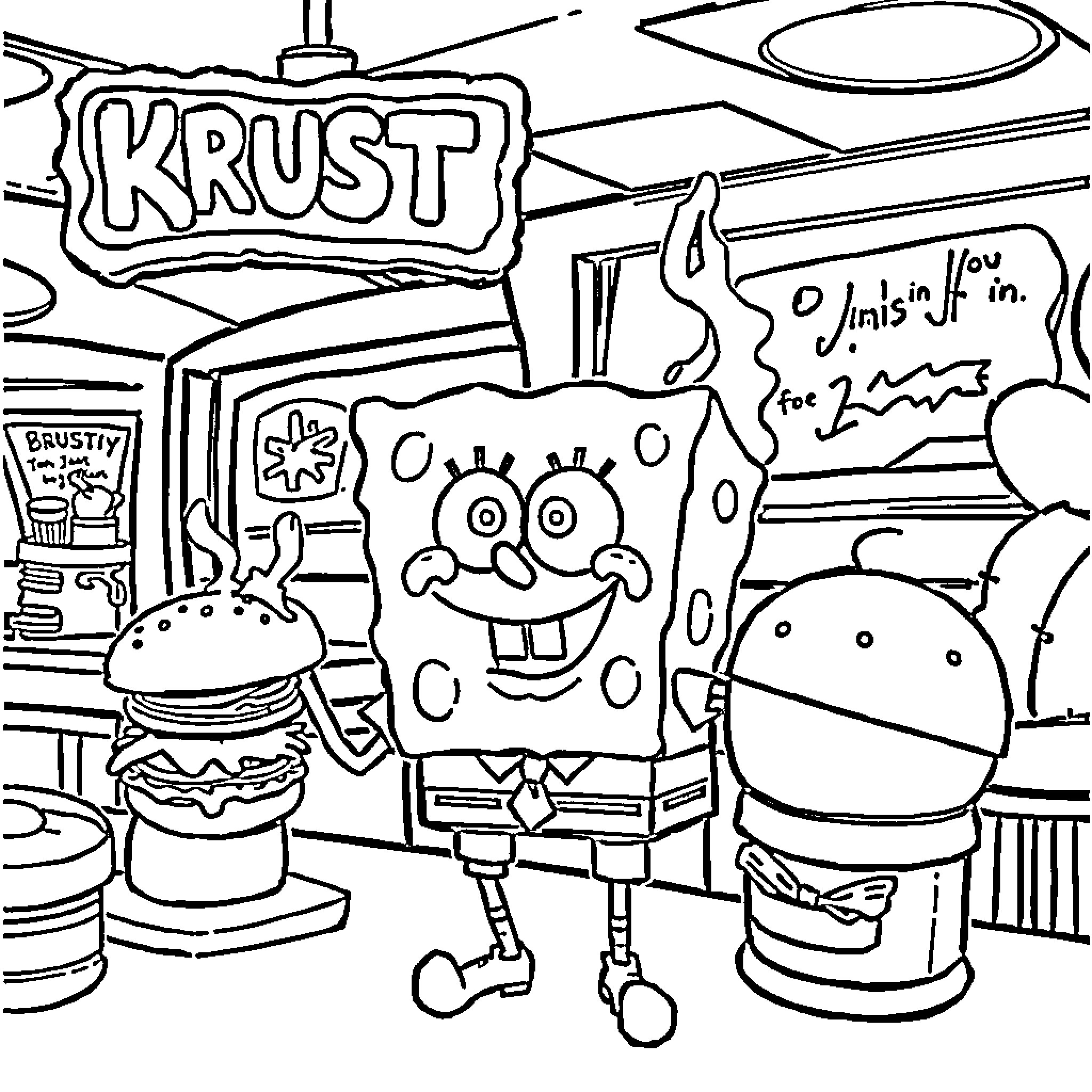 Spongebob and friends in a quirky restaurant scene Coloring Page (free black-and-white line drawing printable PDF for all, from beginners to advanced learners, including children, teens, adults, and seniors)
