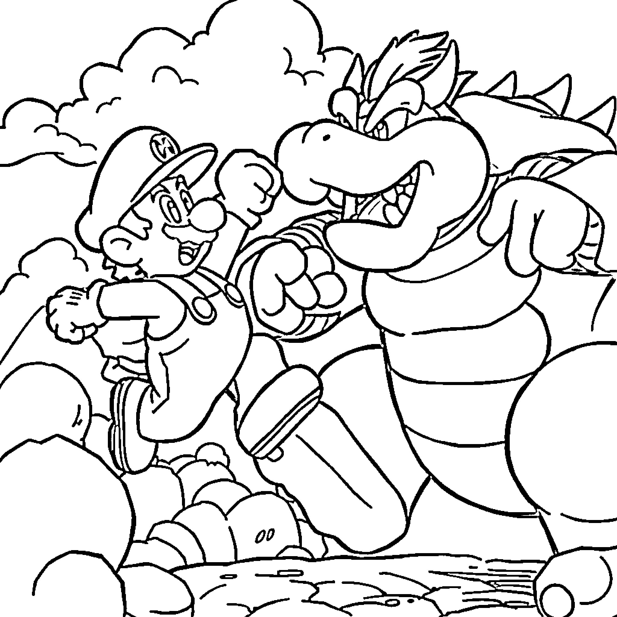Mario battling fierce opponent in outdoor arena Coloring Page (free black-and-white line drawing printable PDF for all, from beginners to advanced learners, including children, teens, adults, and seniors)