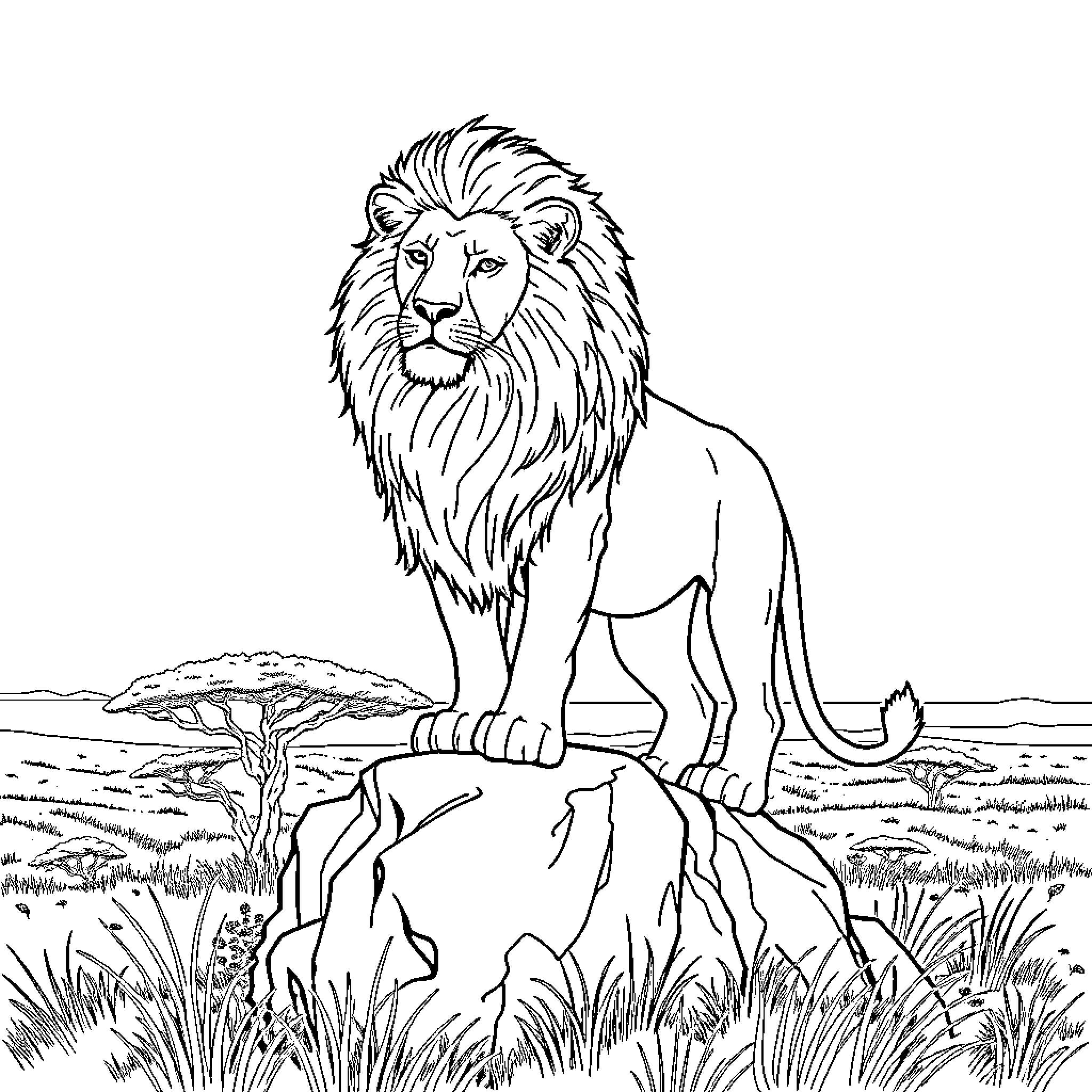 Lion standing majestically on a rocky outcrop Coloring Page (free black-and-white line drawing printable PDF for all, from beginners to advanced learners, including children, teens, adults, and seniors)