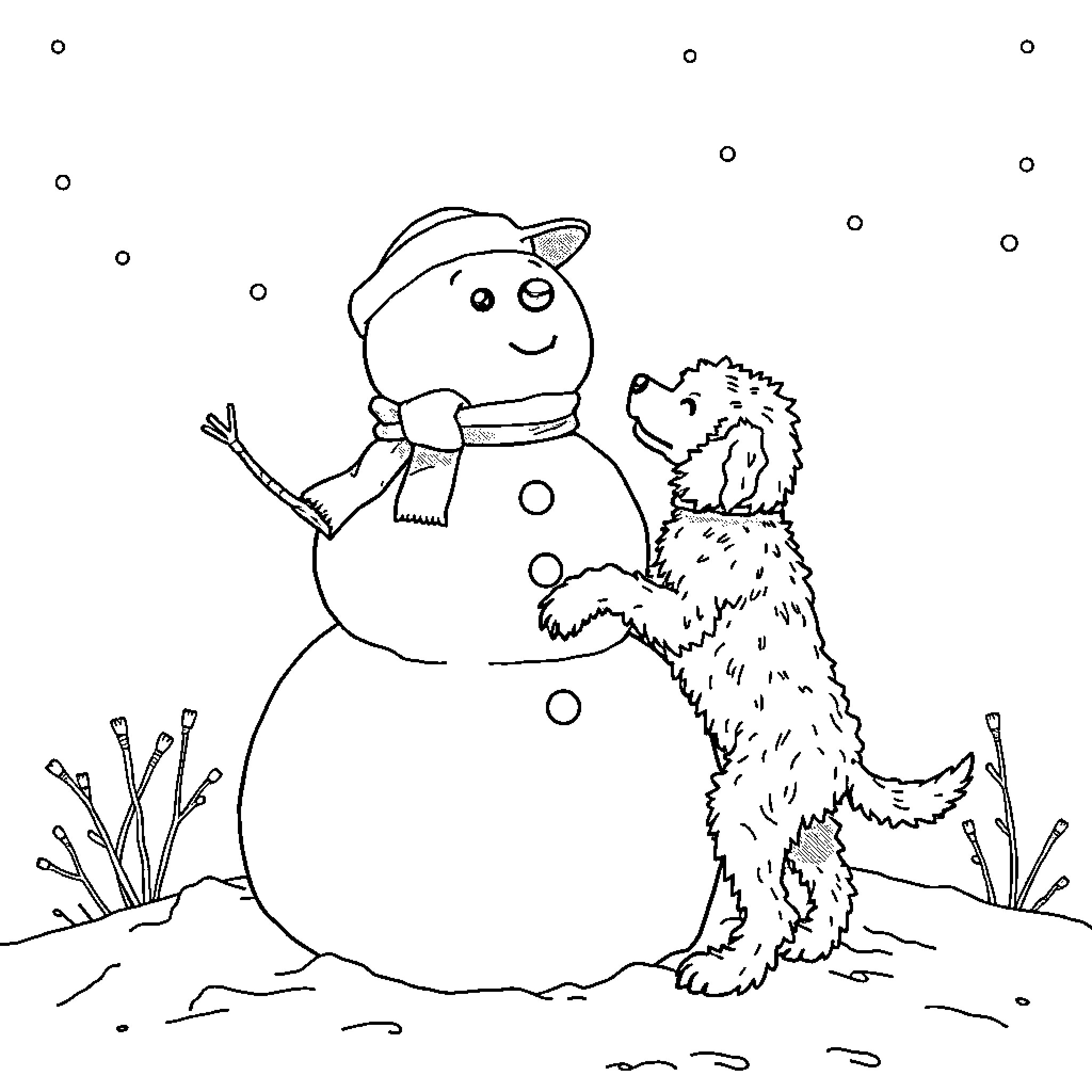 Labradoodle playing with cheerful snowman Coloring Page (free black-and-white line drawing printable PDF for all, from beginners to advanced learners, including children, teens, adults, and seniors)
