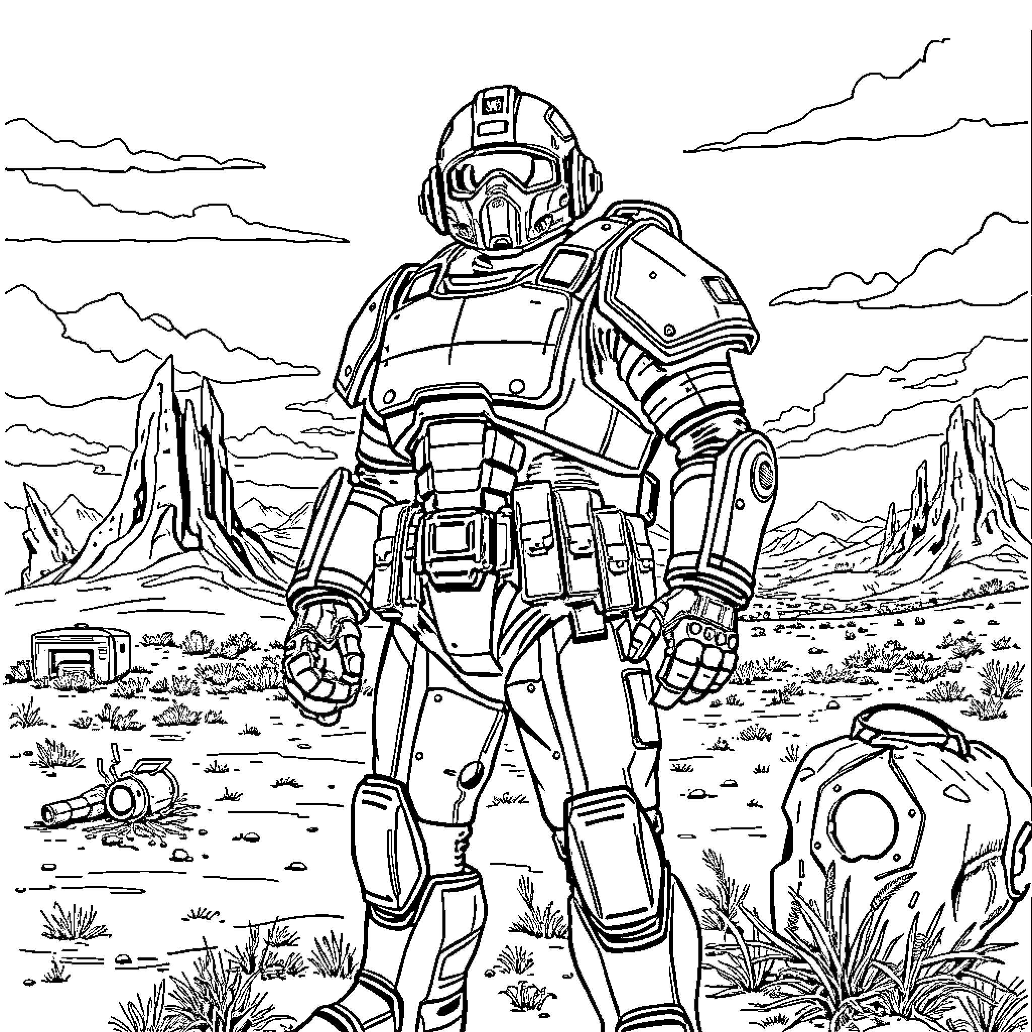 Soldier in futuristic armor stands in desert landscape Coloring Page (free black-and-white line drawing printable PDF for all, from beginners to advanced learners, including children, teens, adults, and seniors)