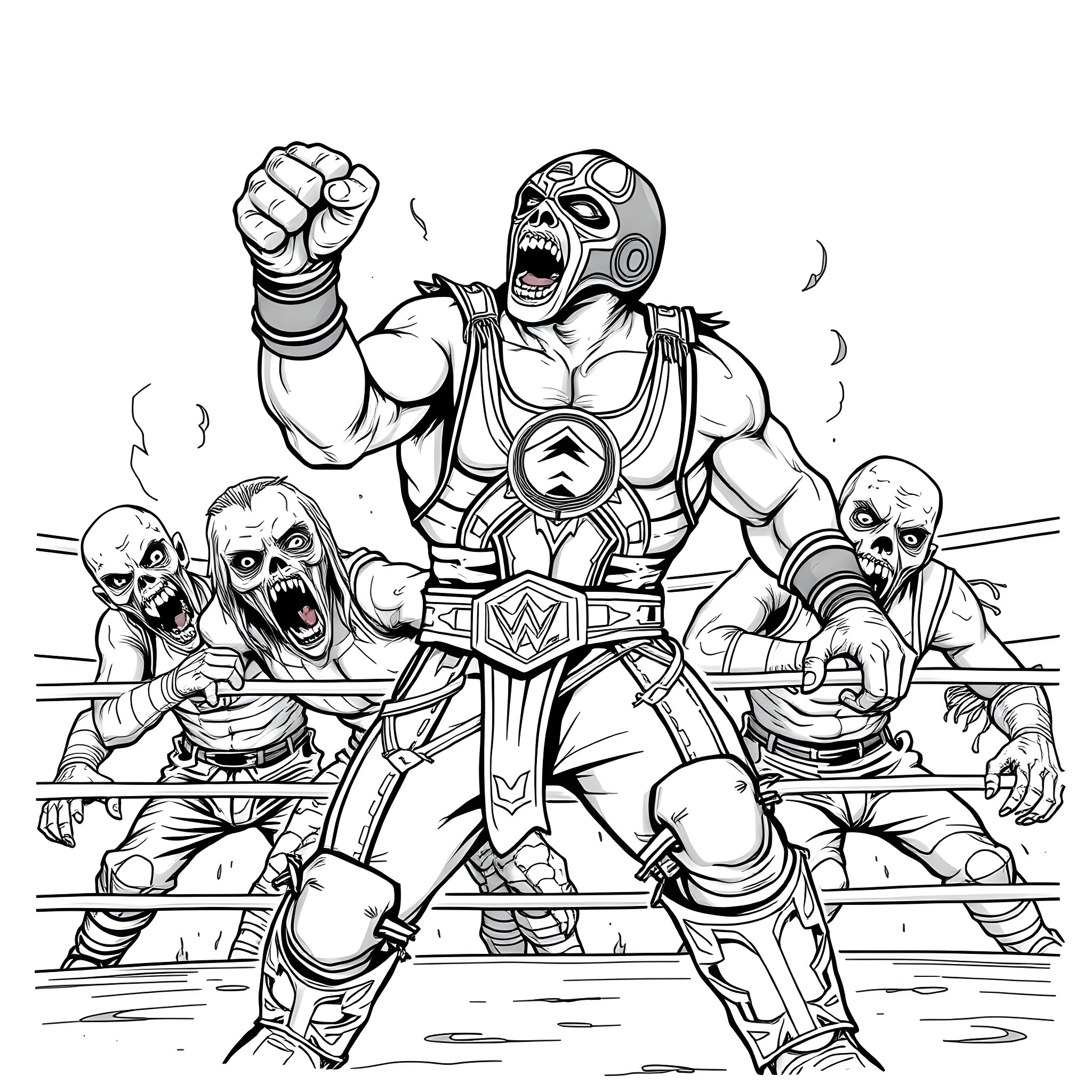 Rey Mysterio Wrestling Fiercely with Opponents Coloring Page (free black-and-white line drawing printable PDF for all, from beginners to advanced learners, including children, teens, adults, and seniors)