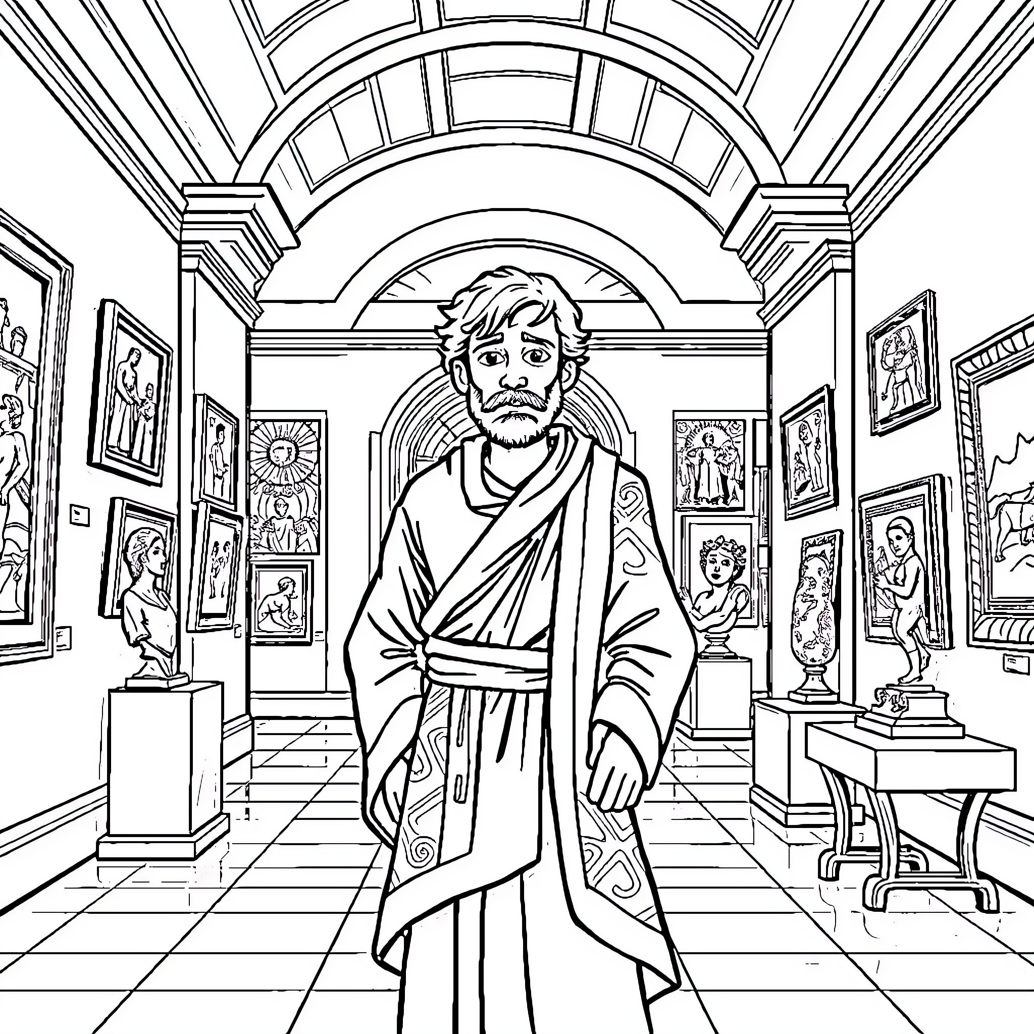 Joseph in the Art Museum, Surrounded by Masterpieces Coloring Page (free black-and-white line drawing printable PDF for all, from beginners to advanced learners, including children, teens, adults, and seniors)