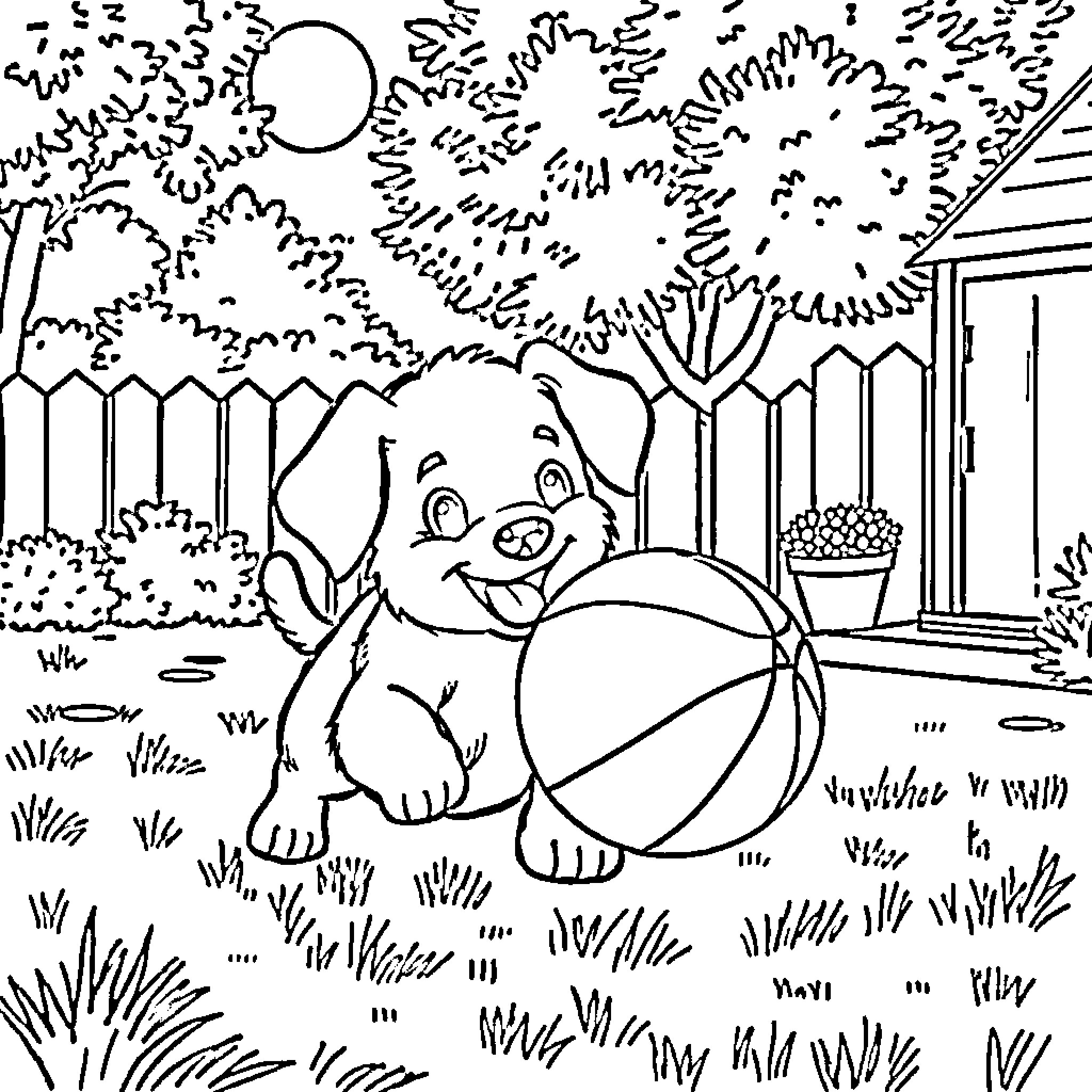 Puppy playing happily in the backyard Coloring Page (free black-and-white line drawing printable PDF for all, from beginners to advanced learners, including children, teens, adults, and seniors)