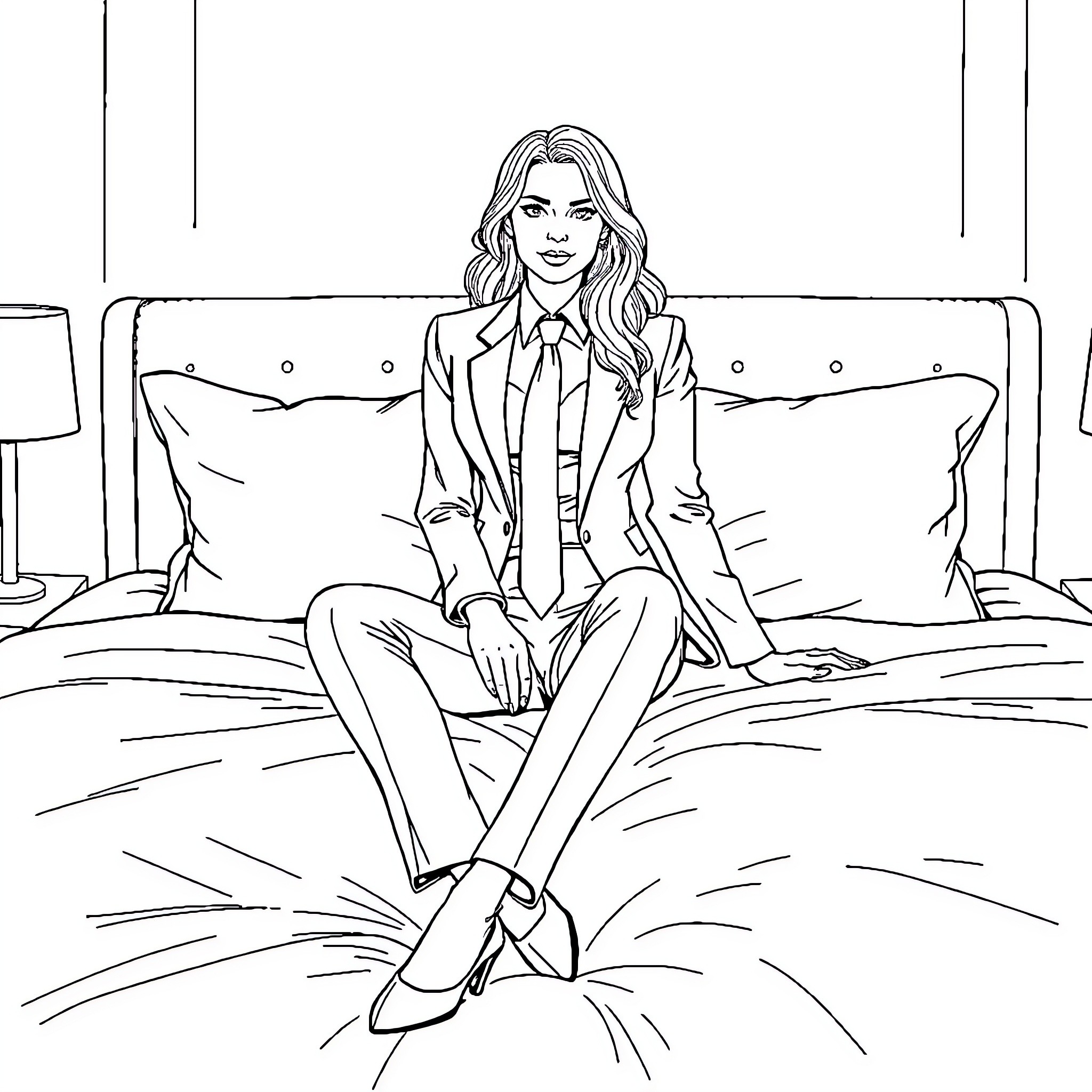 Woman sitting comfortably on bed in thoughtful pose Coloring Page (free black-and-white line drawing printable PDF for all, from beginners to advanced learners, including children, teens, adults, and seniors)