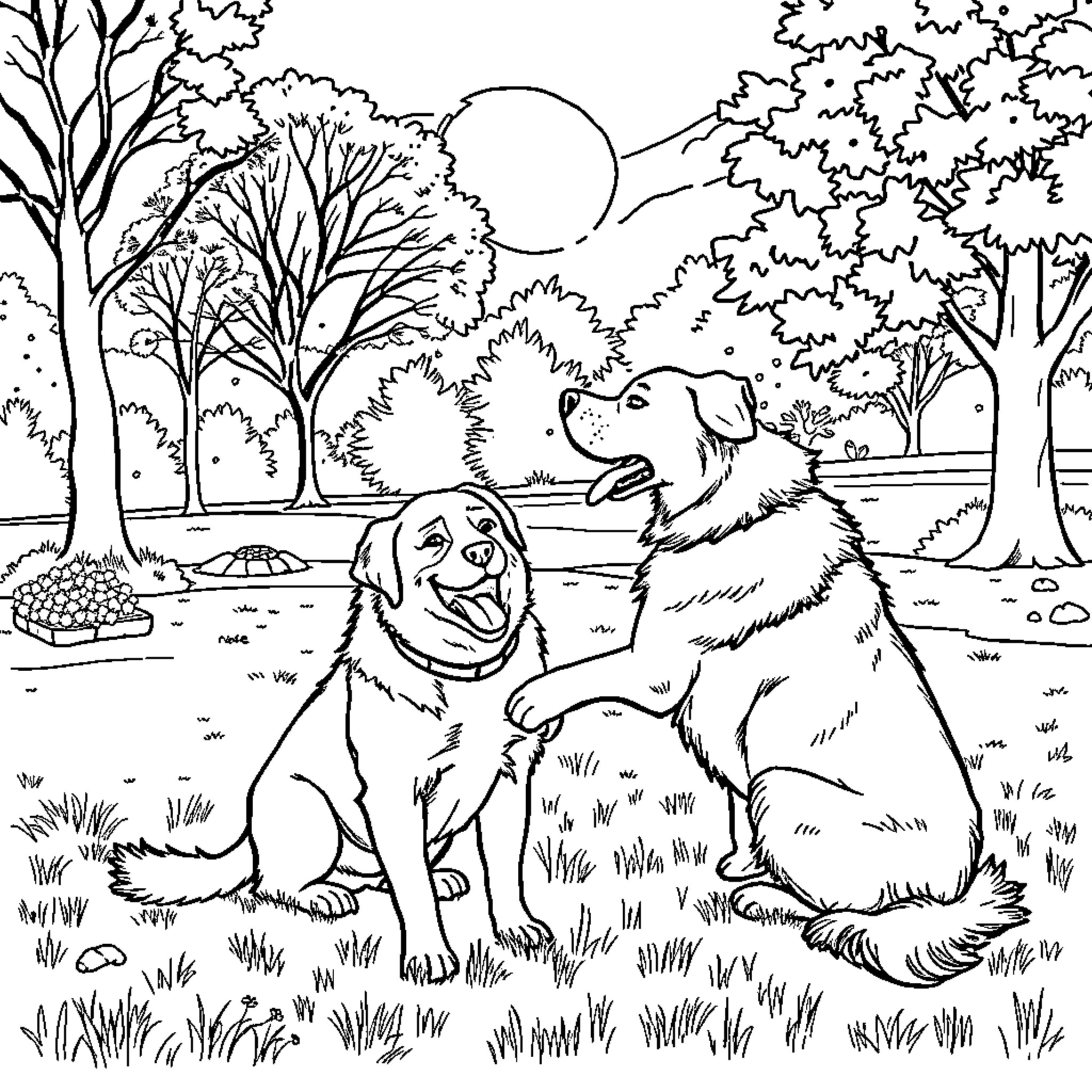 Woman with two dogs playing in forest Coloring Page (free black-and-white line drawing printable PDF for all, from beginners to advanced learners, including children, teens, adults, and seniors)