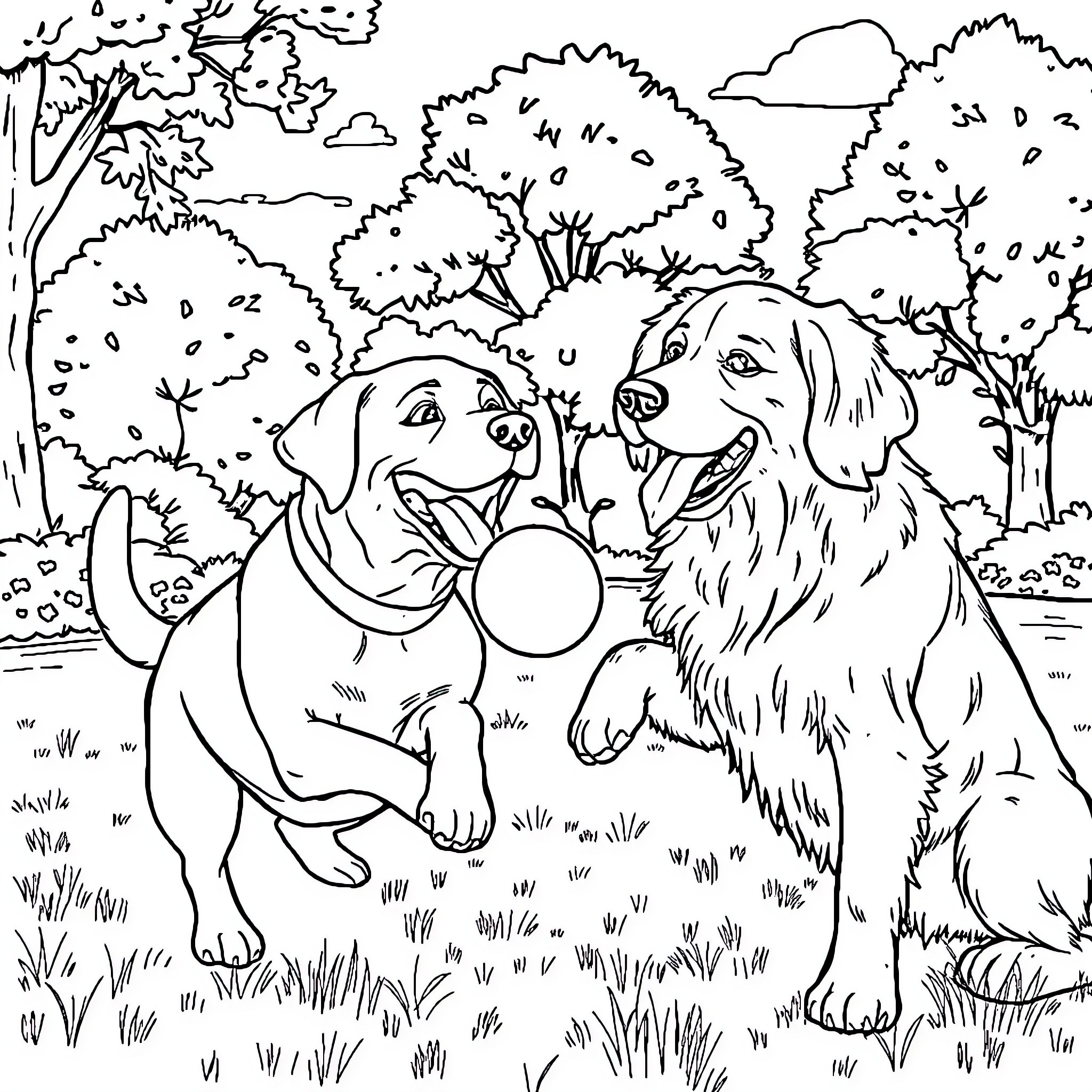Labrador dogs playing with a ball in the park Coloring Page (free black-and-white line drawing printable PDF for all, from beginners to advanced learners, including children, teens, adults, and seniors)