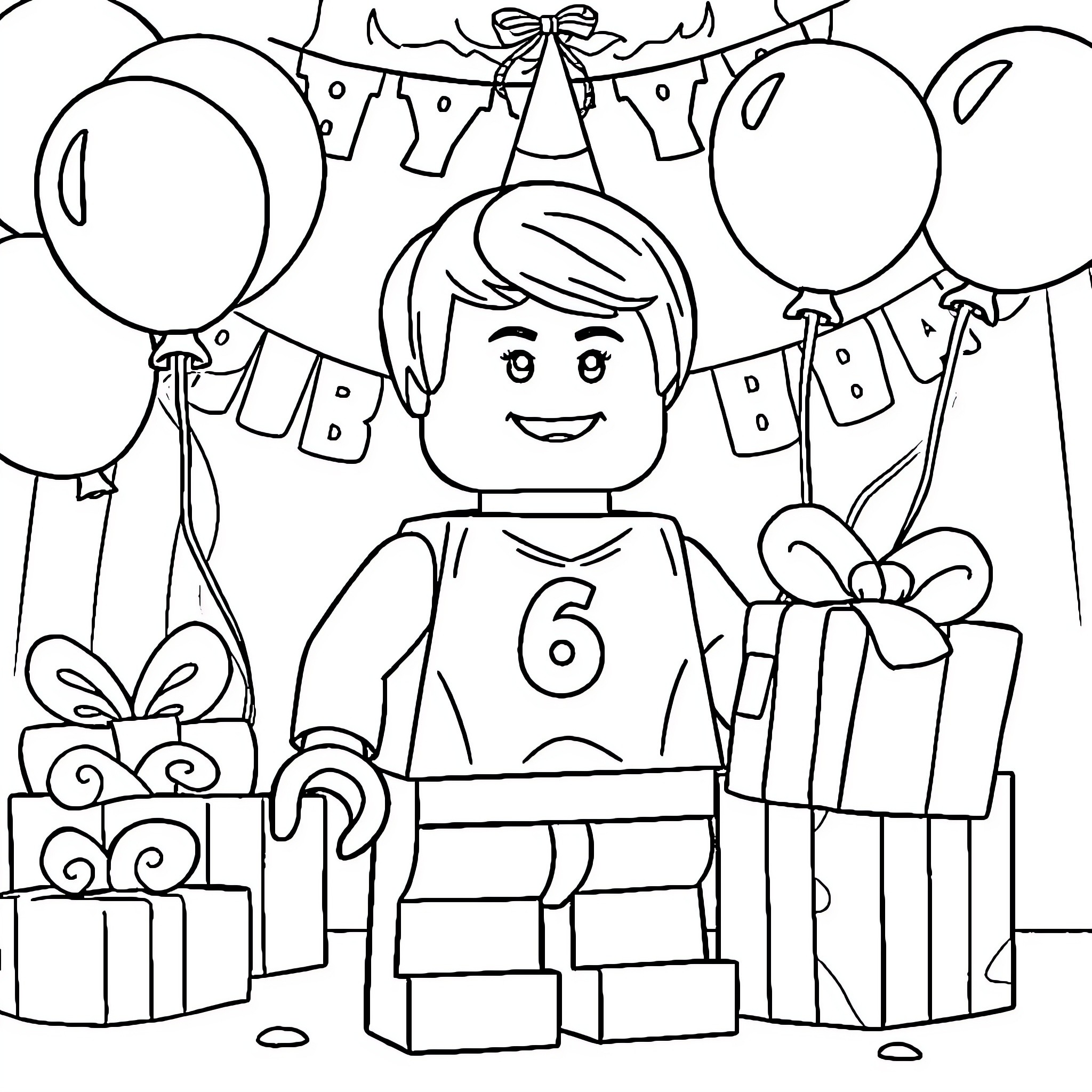 LEGO Minifigure Celebrating Birthday with Gifts and Balloons Coloring Page (free black-and-white line drawing printable PDF for all, from beginners to advanced learners, including children, teens, adults, and seniors)