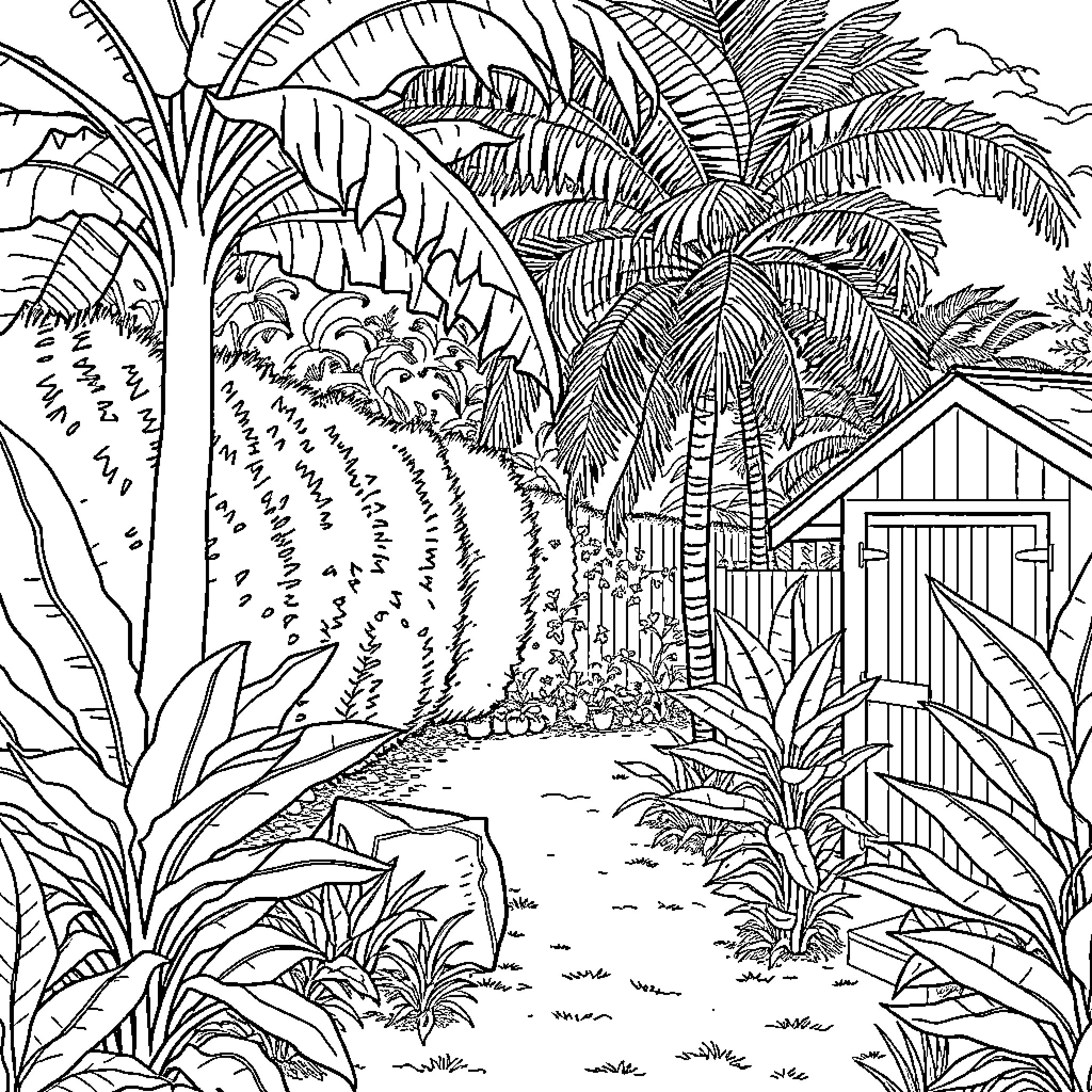 Backyard Tropical Getaway Coloring Page (free black-and-white line drawing printable PDF for all, from beginners to advanced learners, including children, teens, adults, and seniors)