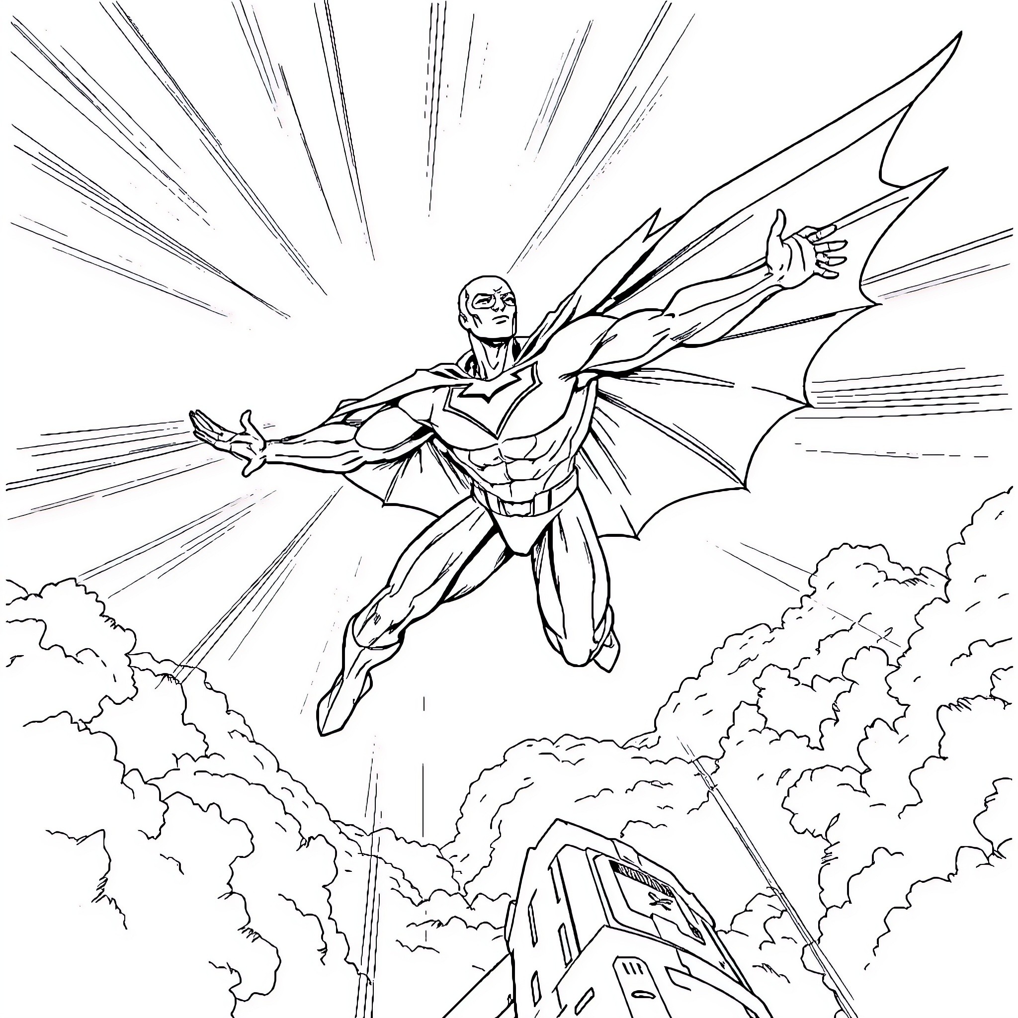 Martian Manhunter soaring through the sky with wings spread Coloring Page (free black-and-white line drawing printable PDF for all, from beginners to advanced learners, including children, teens, adults, and seniors)