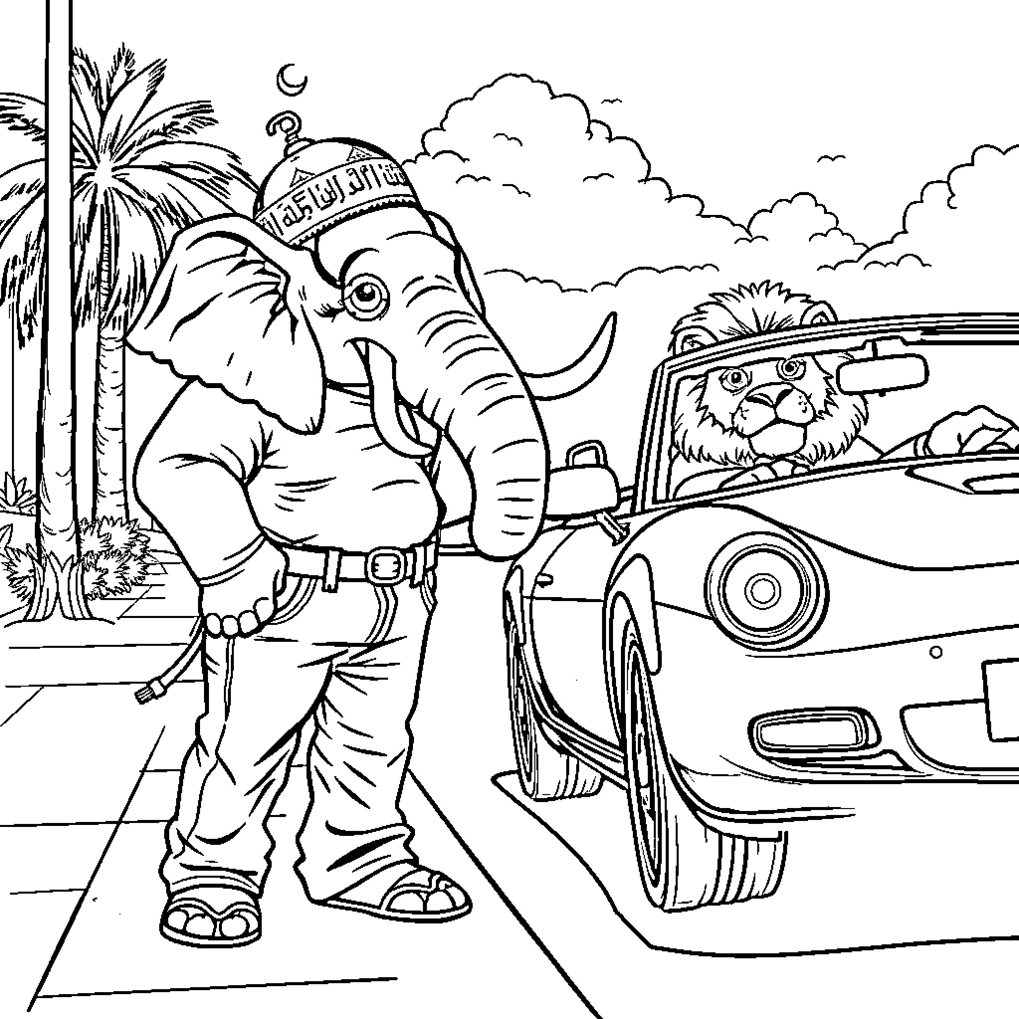 Elephant dressed as a sultan visiting a car garage Coloring Page (free black-and-white line drawing printable PDF for all, from beginners to advanced learners, including children, teens, adults, and seniors)