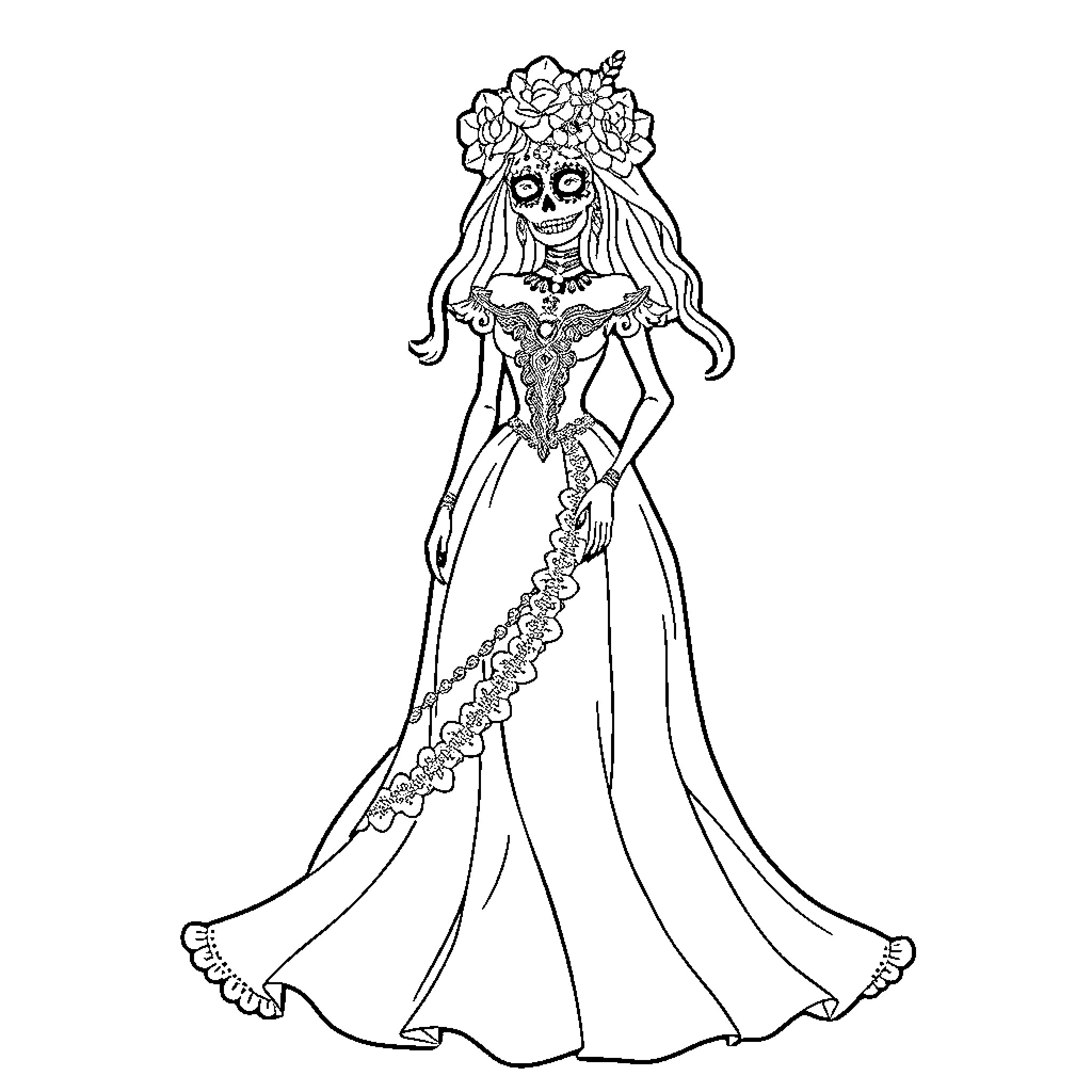 Catrina in elegant floral headdress and gown Coloring Page (free black-and-white line drawing printable PDF for all, from beginners to advanced learners, including children, teens, adults, and seniors)