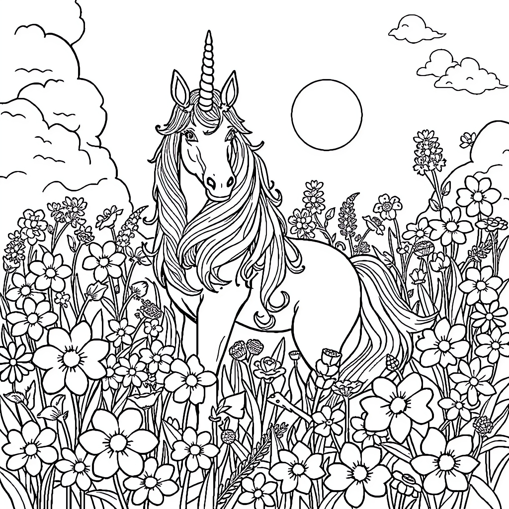 Unicorn resting in a magical floral garden Coloring Page (free black-and-white line drawing printable PDF for all, from beginners to advanced learners, including children, teens, adults, and seniors)