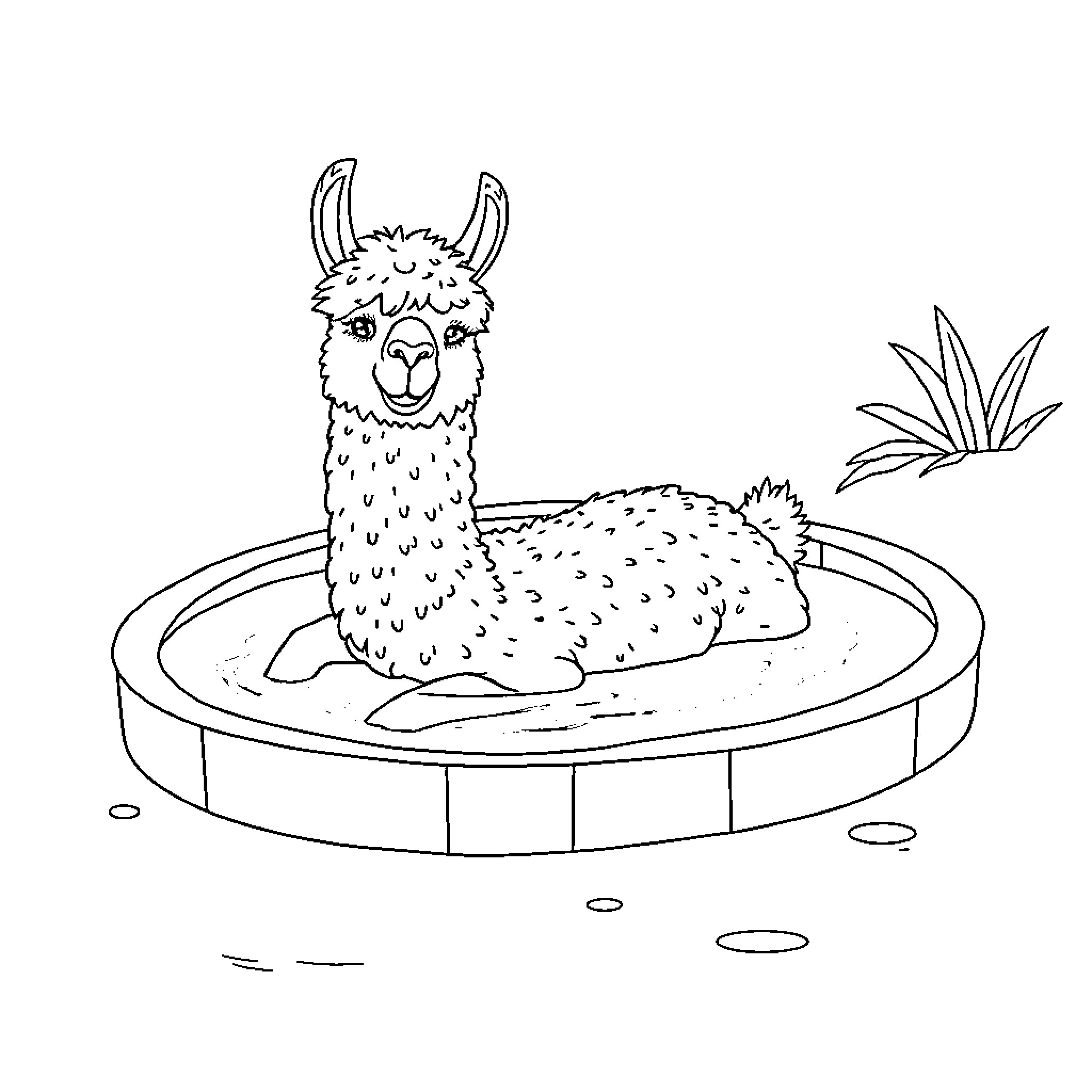 Alpaca relaxing in a pool Coloring Page (free black-and-white line drawing printable PDF for all, from beginners to advanced learners, including children, teens, adults, and seniors)