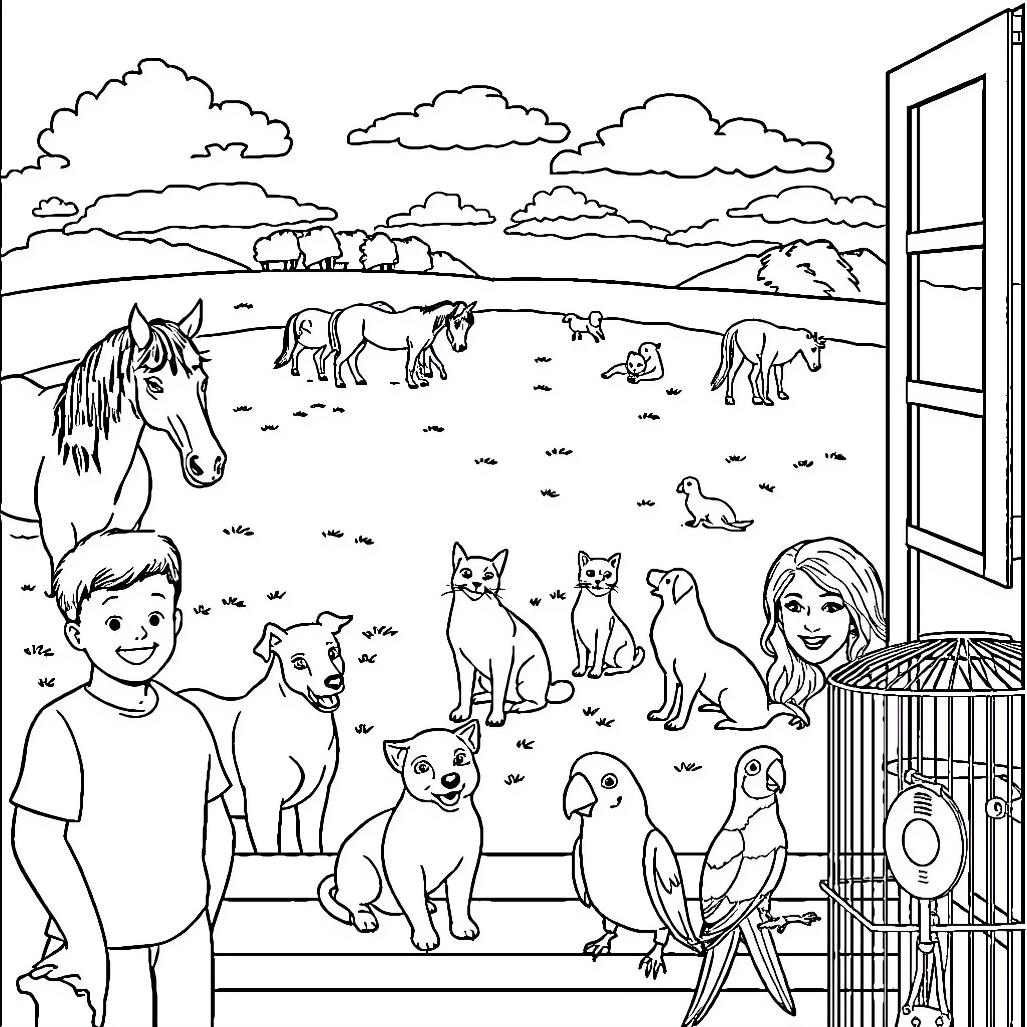 Animal Gathering at the Countryside Farmhouse Coloring Page (free black-and-white line drawing printable PDF for all, from beginners to advanced learners, including children, teens, adults, and seniors)