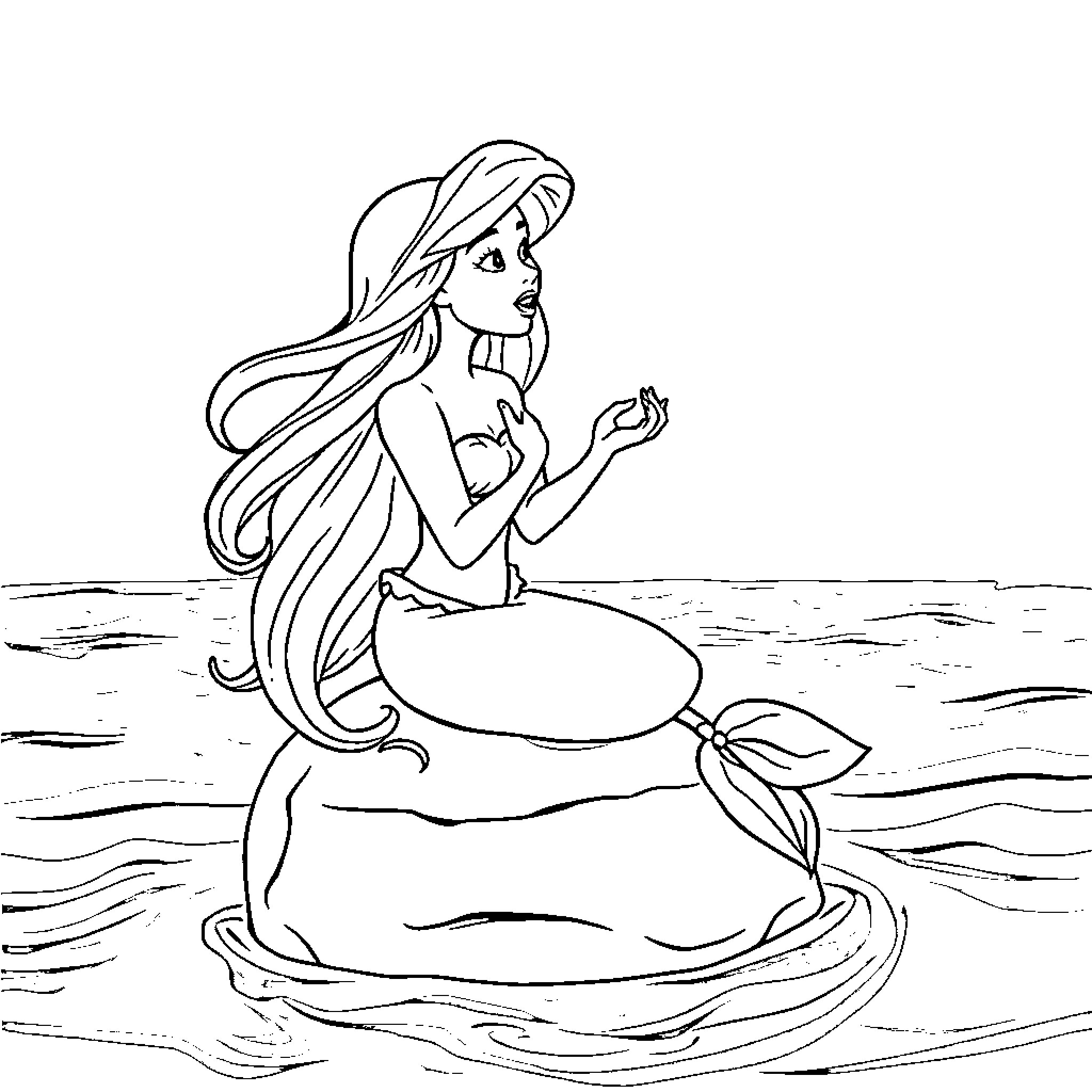Mermaid admiring a pearl in the ocean Coloring Page (free black-and-white line drawing printable PDF for all, from beginners to advanced learners, including children, teens, adults, and seniors)