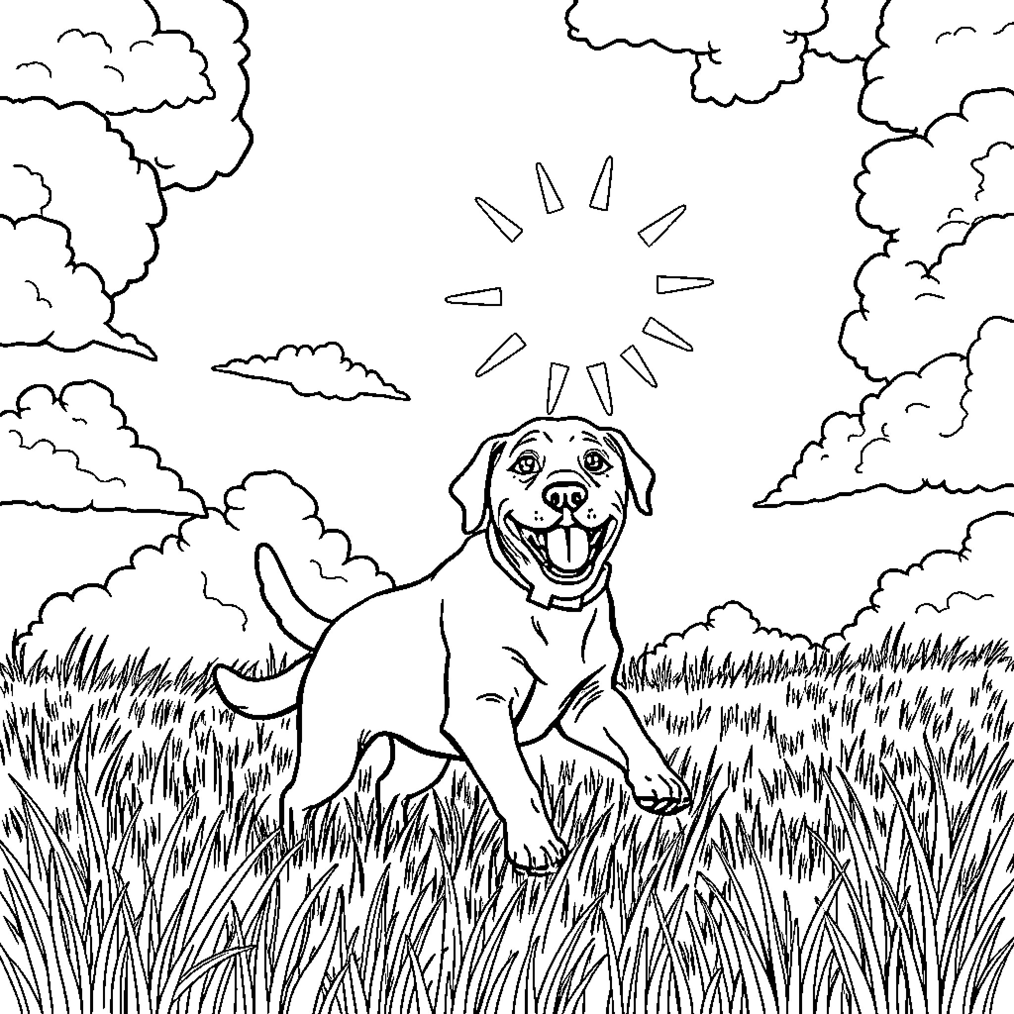 Sun shining on a playful dog in the field Coloring Page (free black-and-white line drawing printable PDF for all, from beginners to advanced learners, including children, teens, adults, and seniors)