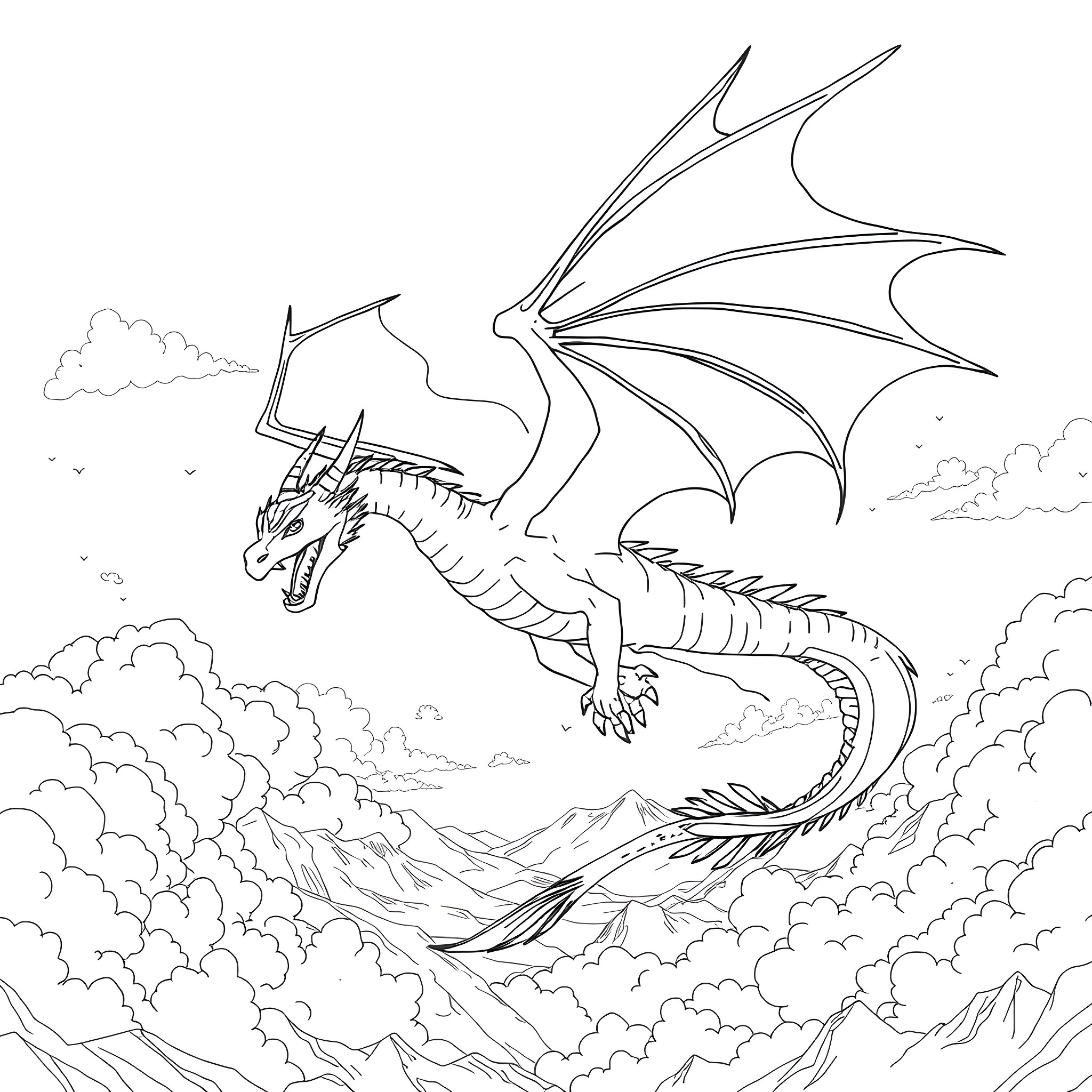 Dragon soaring majestically through the clouds Coloring Page (free black-and-white line drawing printable PDF for all, from beginners to advanced learners, including children, teens, adults, and seniors)