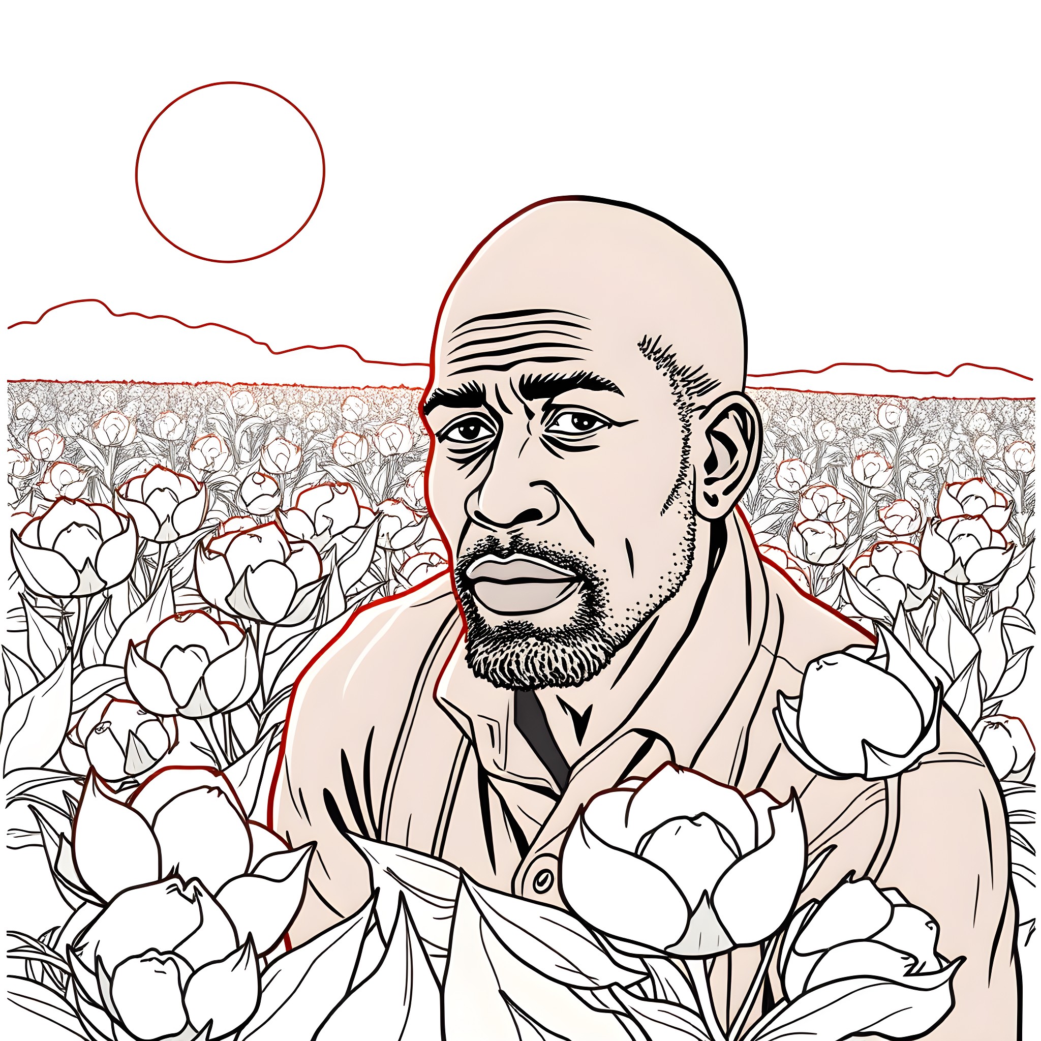 Person standing amidst a field of flowers Coloring Page (free black-and-white line drawing printable PDF for all, from beginners to advanced learners, including children, teens, adults, and seniors)
