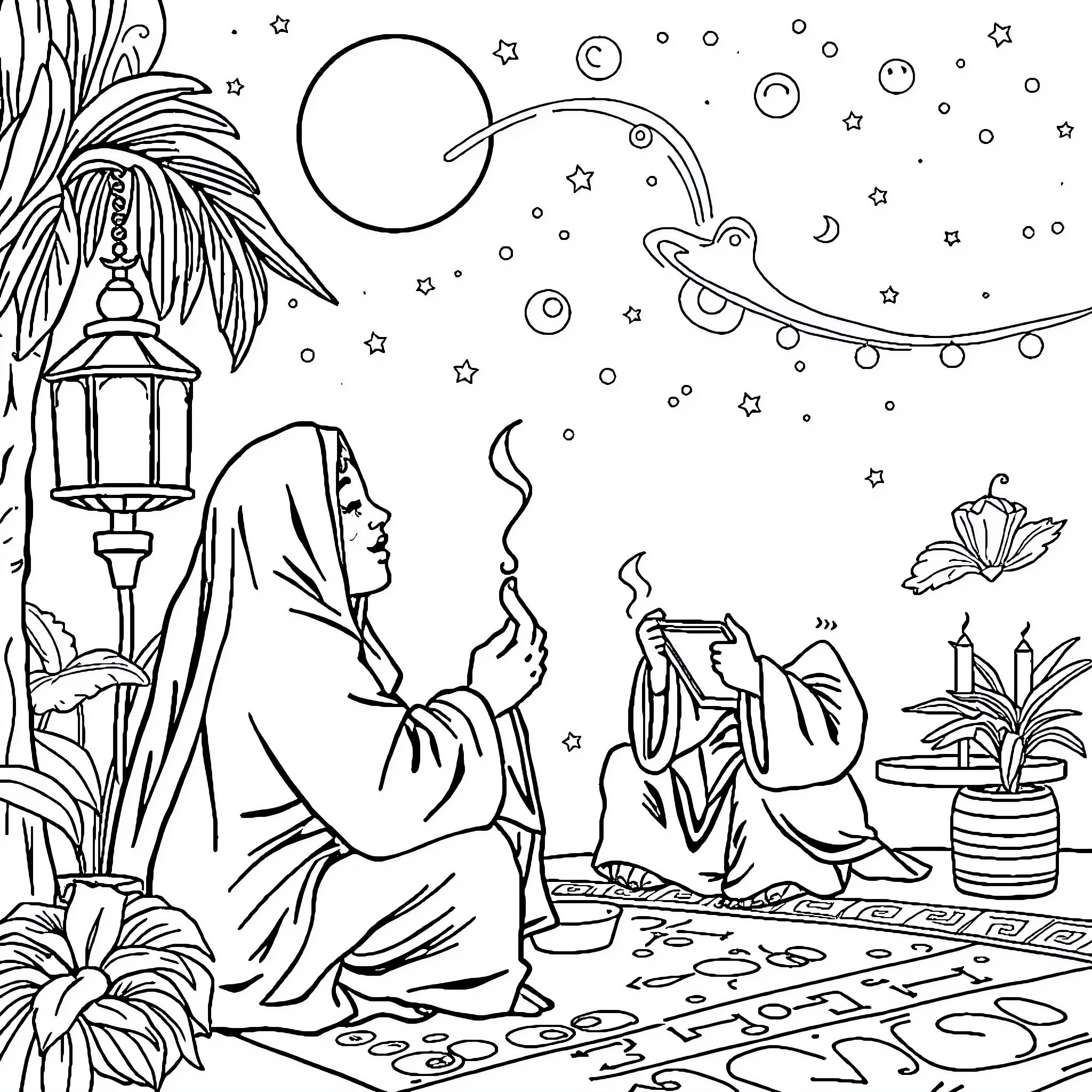Sahur - Devotional Gathering Under the Starry Night Coloring Page (free black-and-white line drawing printable PDF for all, from beginners to advanced learners, including children, teens, adults, and seniors)
