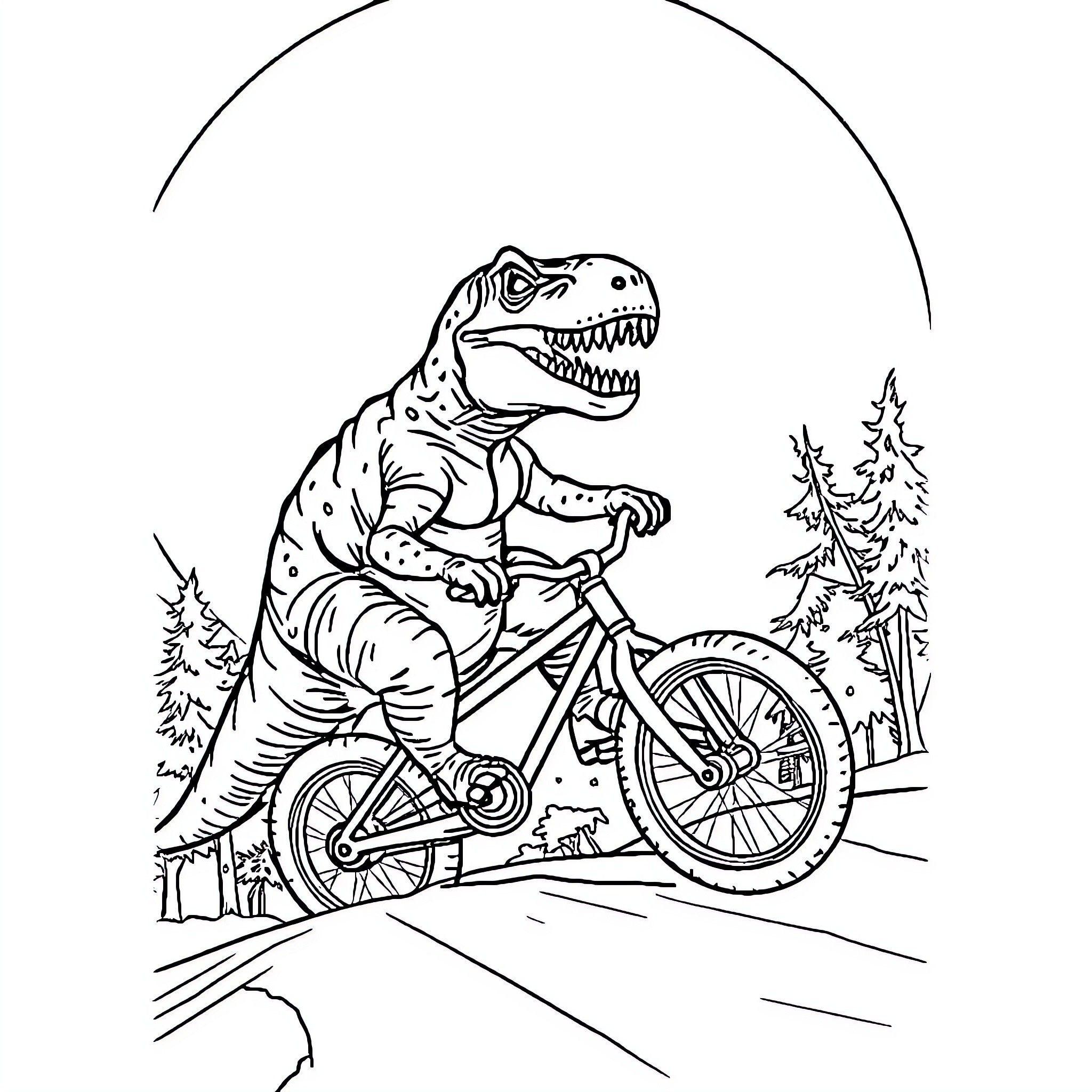 T-Rex riding a bicycle in the forest Coloring Page (free black-and-white line drawing printable PDF for all, from beginners to advanced learners, including children, teens, adults, and seniors)