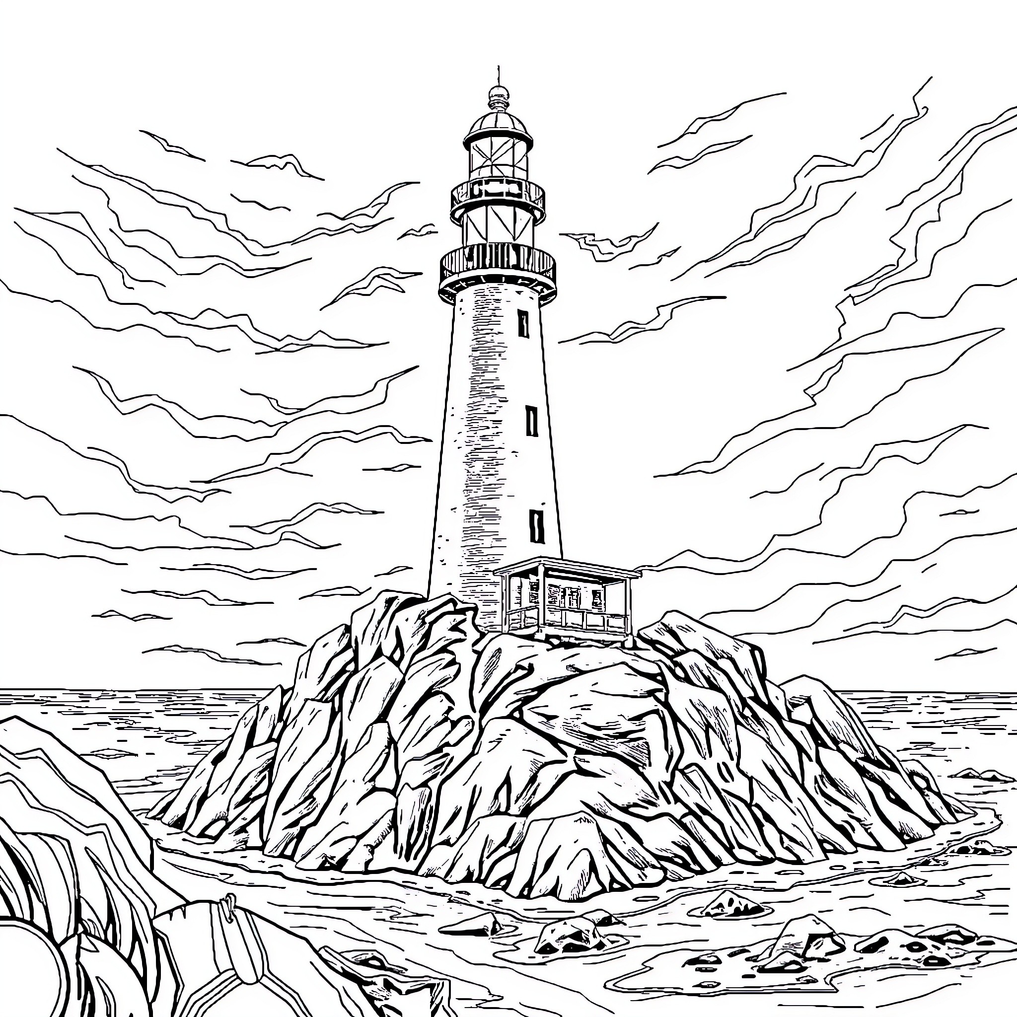 Lighthouse standing amidst the stormy sea waves Coloring Page (free black-and-white line drawing printable PDF for all, from beginners to advanced learners, including children, teens, adults, and seniors)