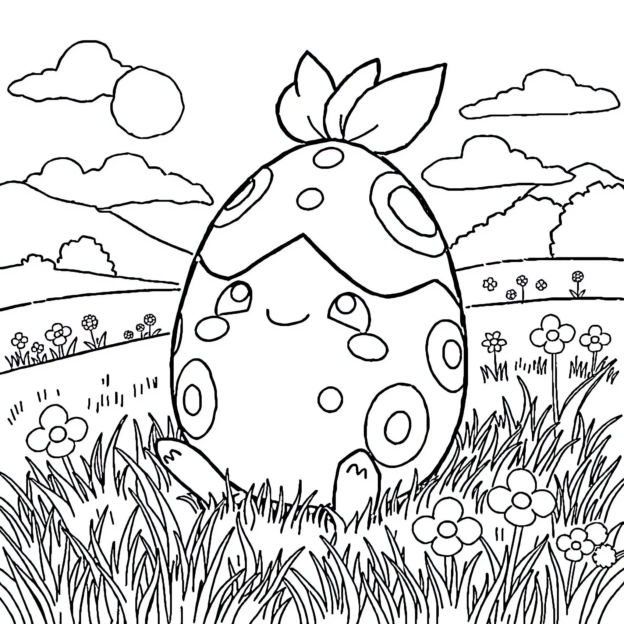 Togepi playing in a spring meadow Coloring Page (free black-and-white line drawing printable PDF for all, from beginners to advanced learners, including children, teens, adults, and seniors)