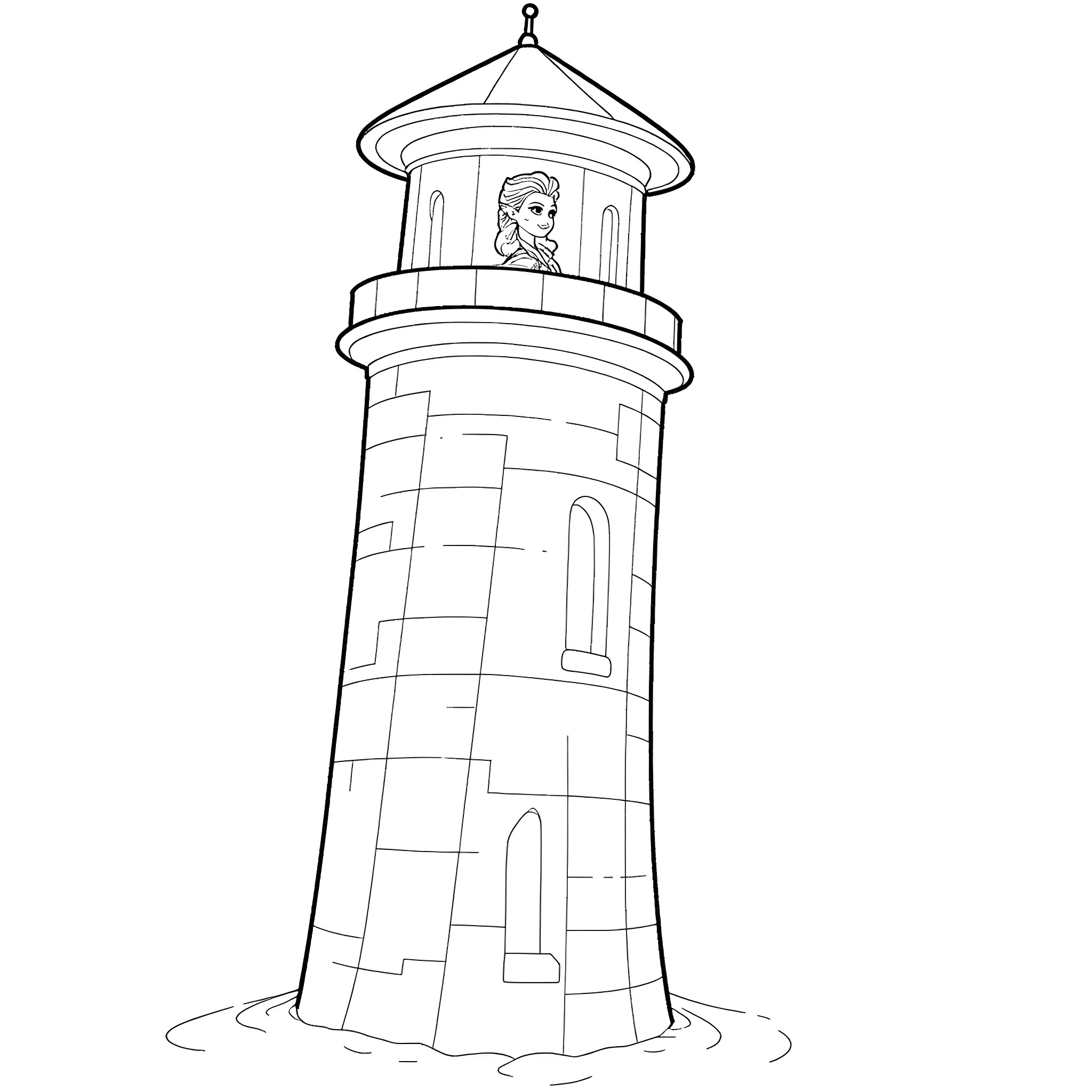 Elsa standing in a tower by the sea Coloring Page (free black-and-white line drawing printable PDF for all, from beginners to advanced learners, including children, teens, adults, and seniors)