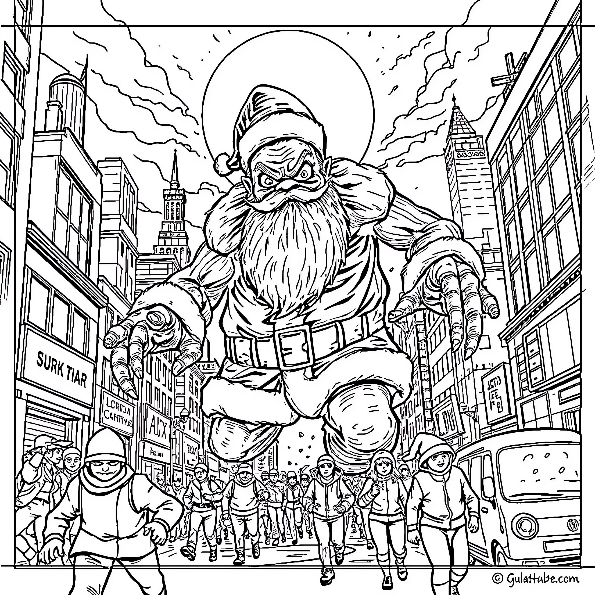 Santa's Winter Wonderland Adventure in the City Coloring Page (free black-and-white line drawing printable PDF for all, from beginners to advanced learners, including children, teens, adults, and seniors)