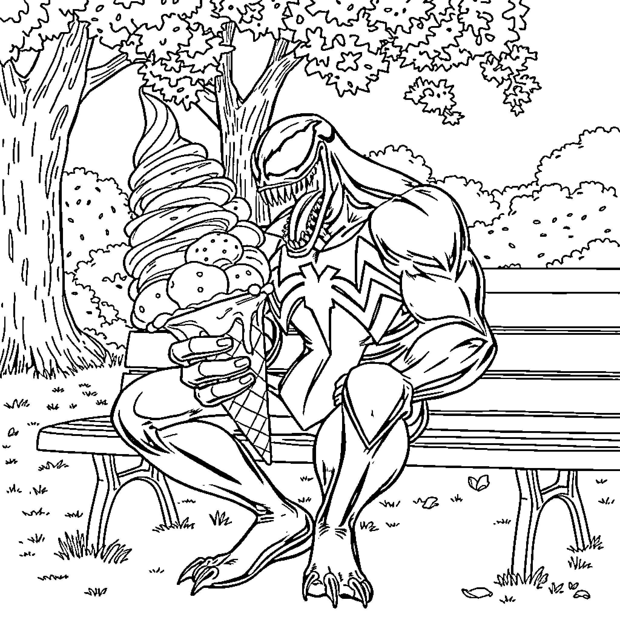 Venom's Menacing Presence in the Serene Forest Coloring Page (free black-and-white line drawing printable PDF for all, from beginners to advanced learners, including children, teens, adults, and seniors)