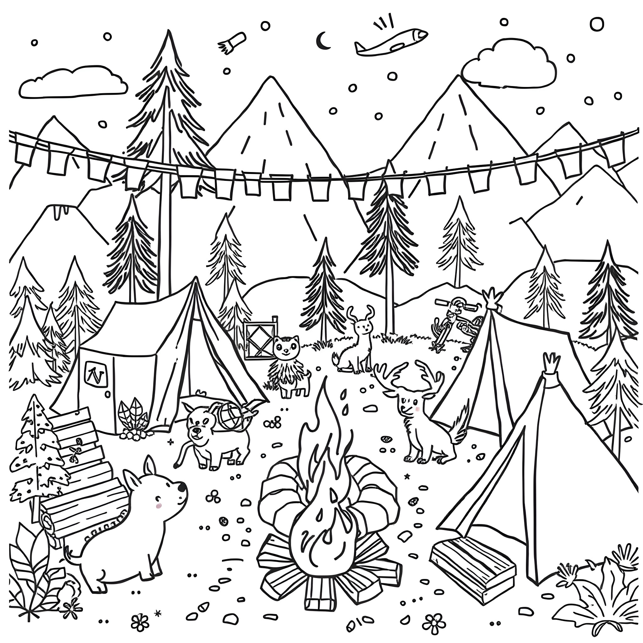 Survivor's Outdoor Adventure: Camping, Campfires, and Wildlife Coloring Page (free black-and-white line drawing printable PDF for all, from beginners to advanced learners, including children, teens, adults, and seniors)