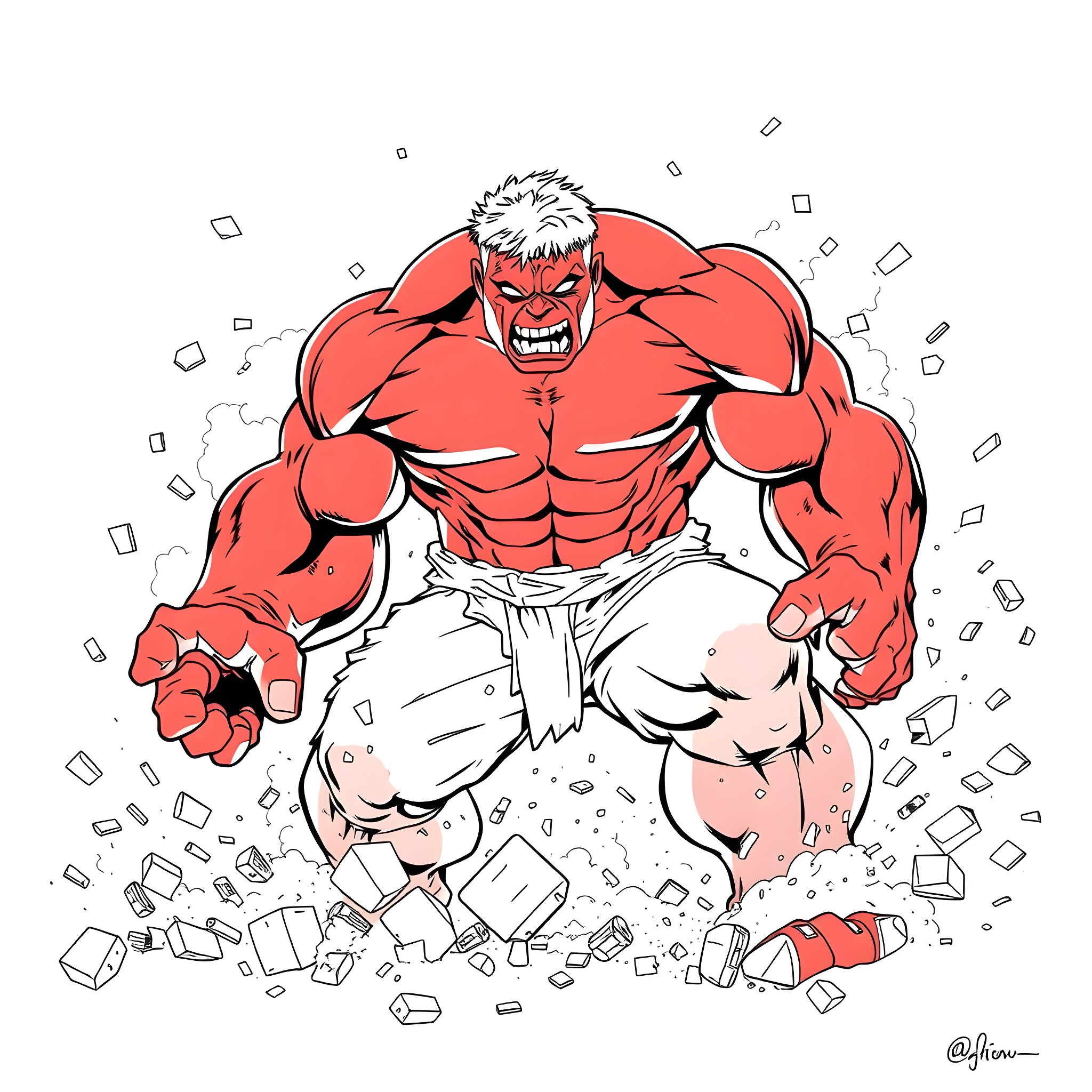 Hulk Smashing with Rage and Determination Coloring Page (free black-and-white line drawing printable PDF for all, from beginners to advanced learners, including children, teens, adults, and seniors)