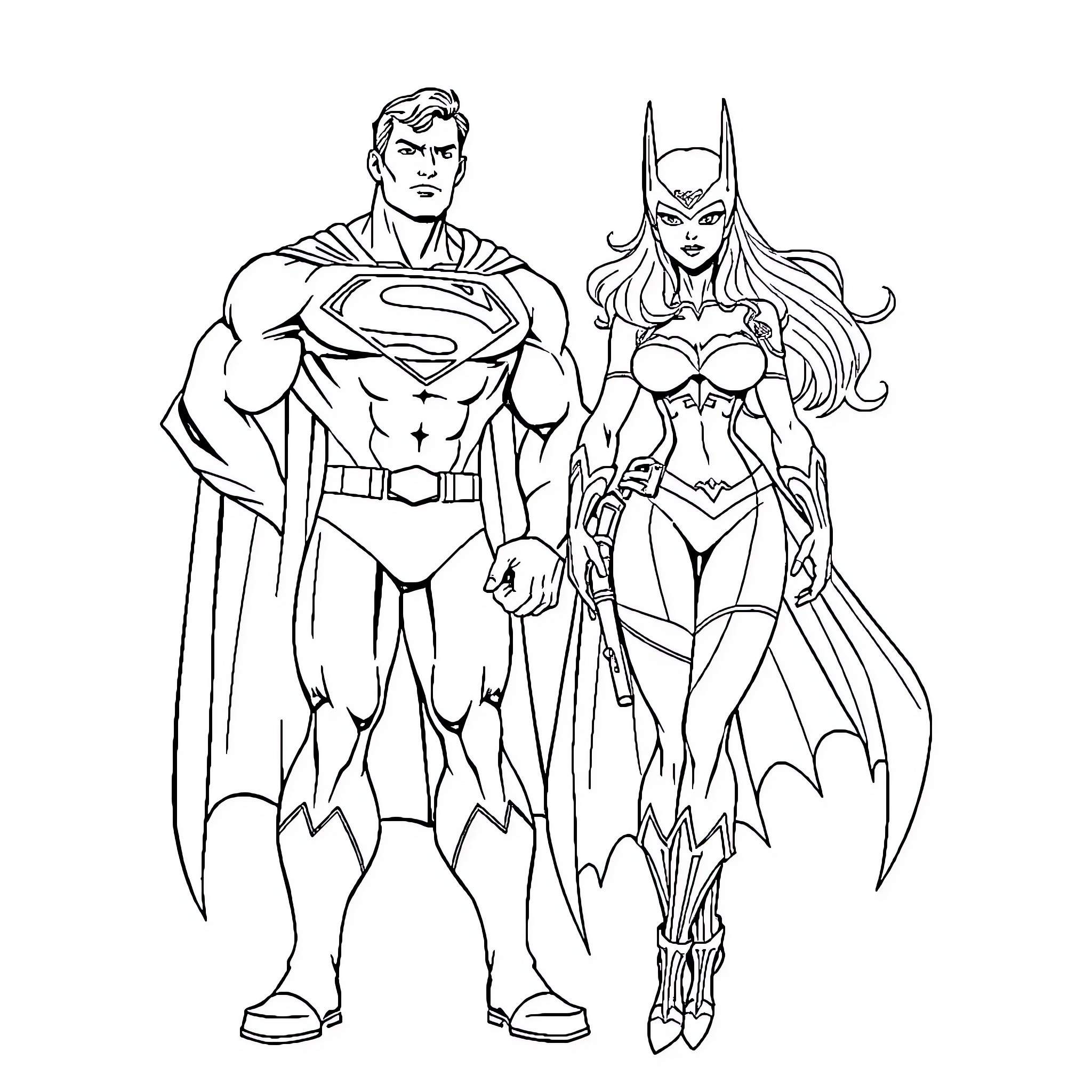 Superman and Batwoman in heroic poses Coloring Page (free black-and-white line drawing printable PDF for all, from beginners to advanced learners, including children, teens, adults, and seniors)