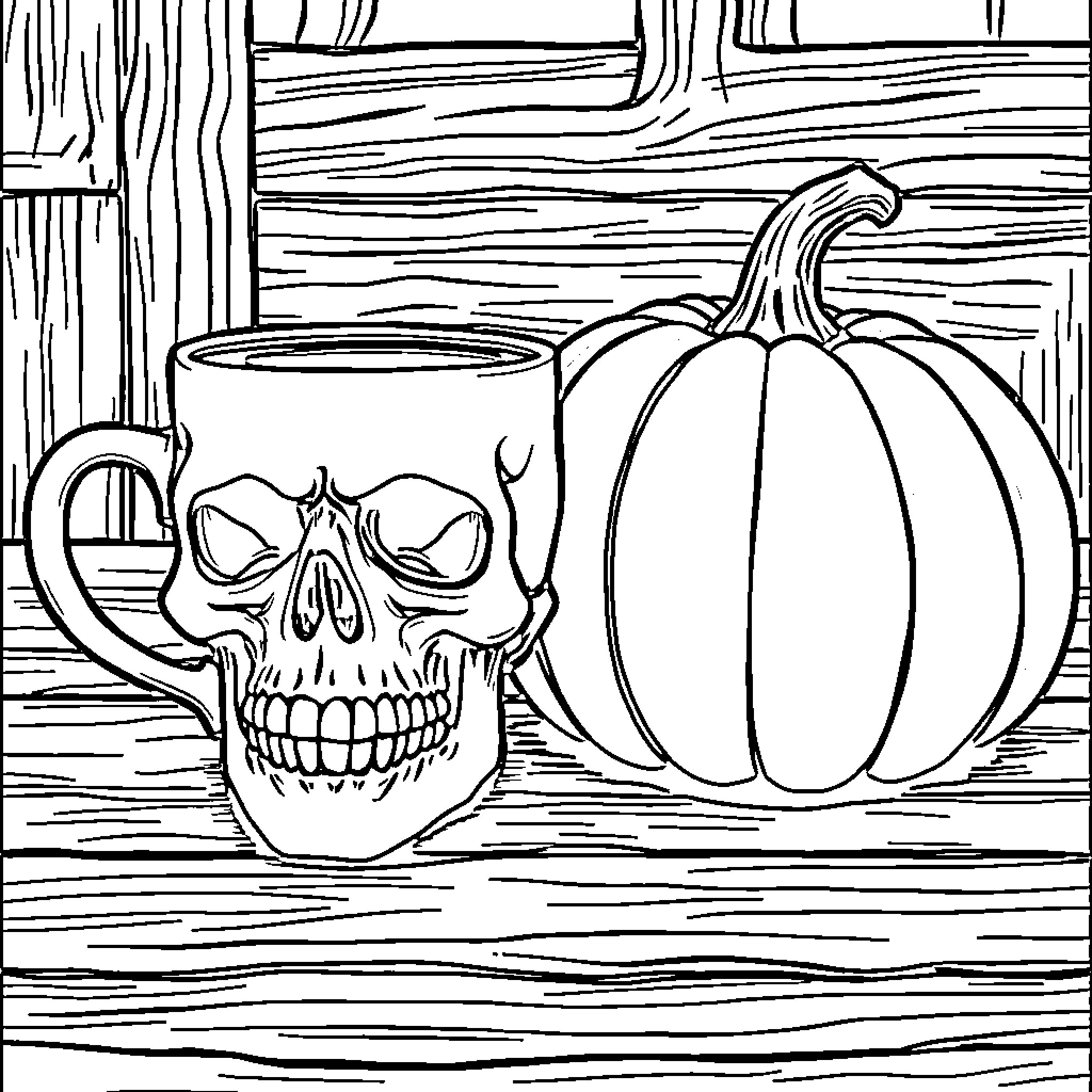 Skull Mug and Pumpkin on Wooden Backdrop Coloring Page (free black-and-white line drawing printable PDF for all, from beginners to advanced learners, including children, teens, adults, and seniors)