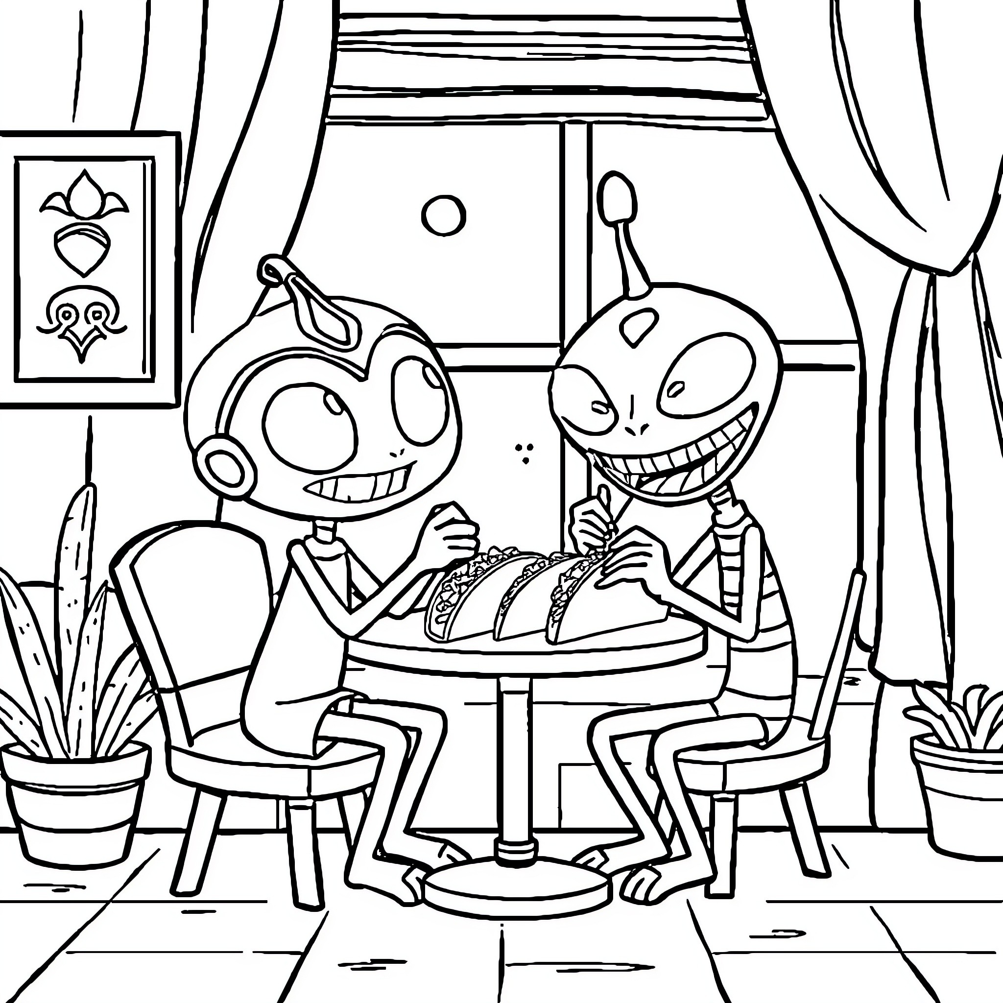 Invader Zim's Bizarre Dining Encounter Coloring Page (free black-and-white line drawing printable PDF for all, from beginners to advanced learners, including children, teens, adults, and seniors)