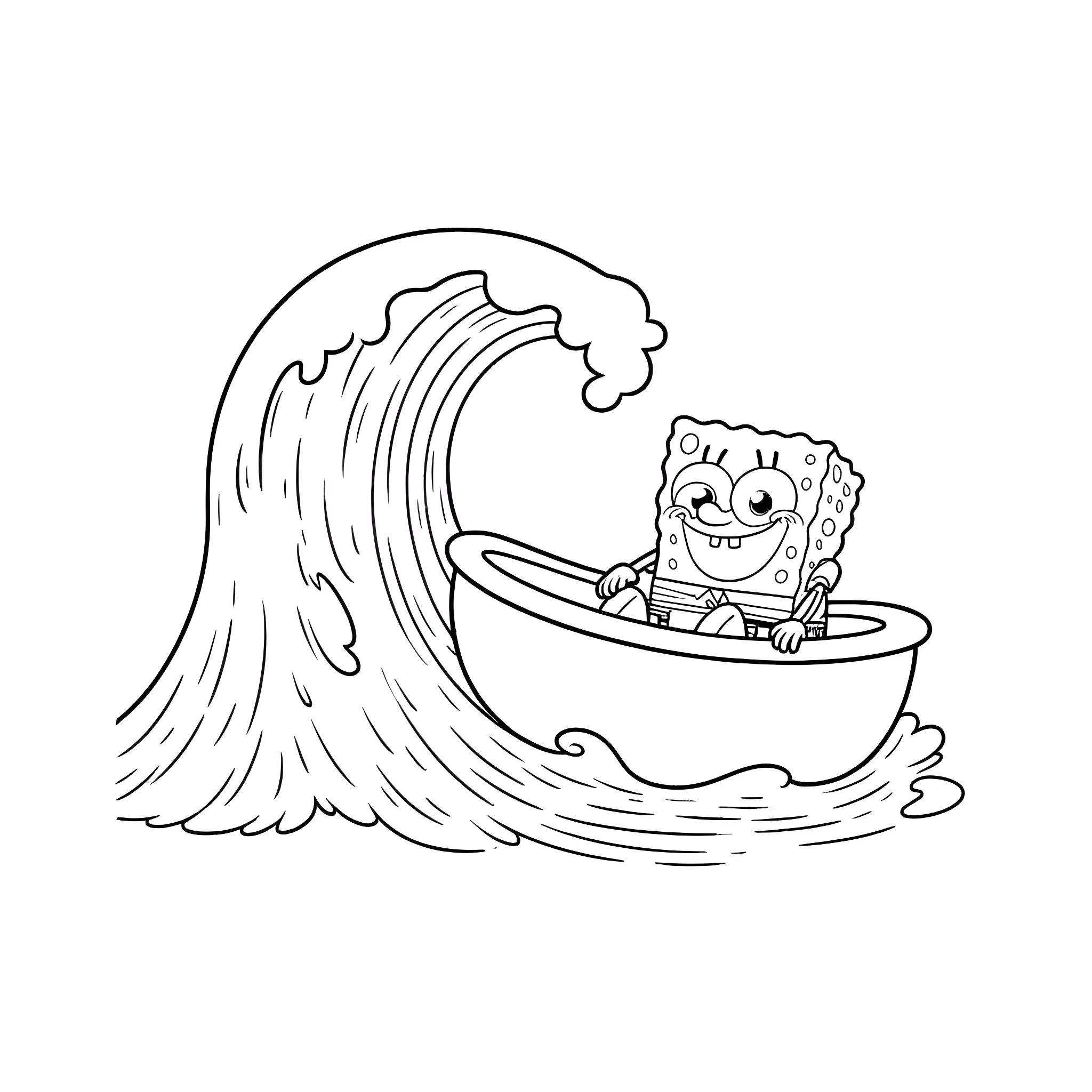 Spongebob surfing a giant wave in a bathtub Coloring Page (free black-and-white line drawing printable PDF for all, from beginners to advanced learners, including children, teens, adults, and seniors)