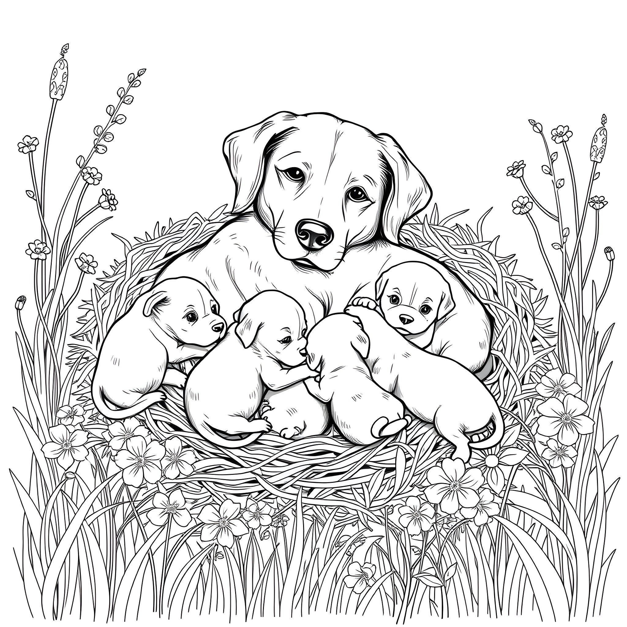 Dog and Puppies in Floral Nest Coloring Page (free black-and-white line drawing printable PDF for all, from beginners to advanced learners, including children, teens, adults, and seniors)