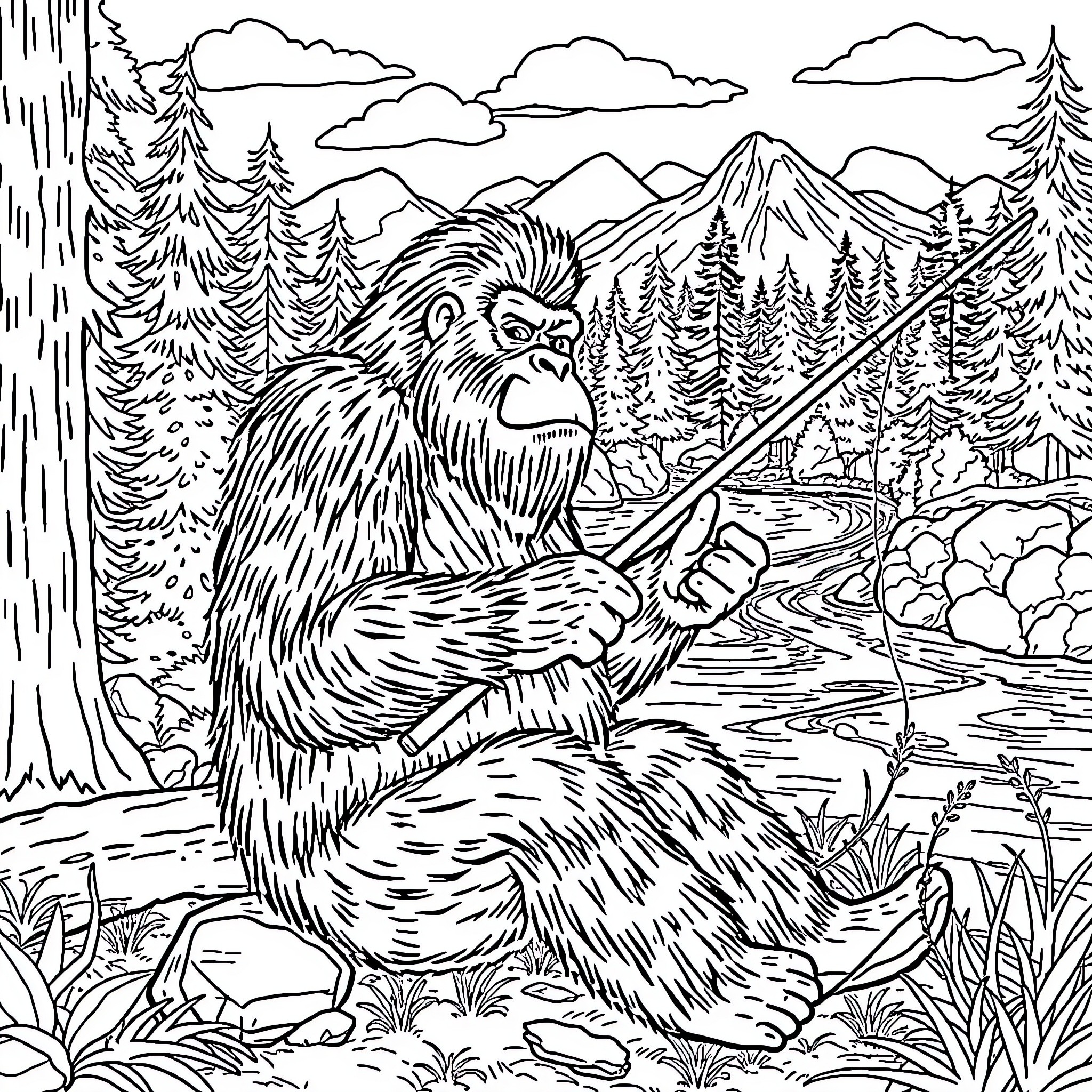 Big Foot exploring the wilderness in the mountains Coloring Page (free black-and-white line drawing printable PDF for all, from beginners to advanced learners, including children, teens, adults, and seniors)