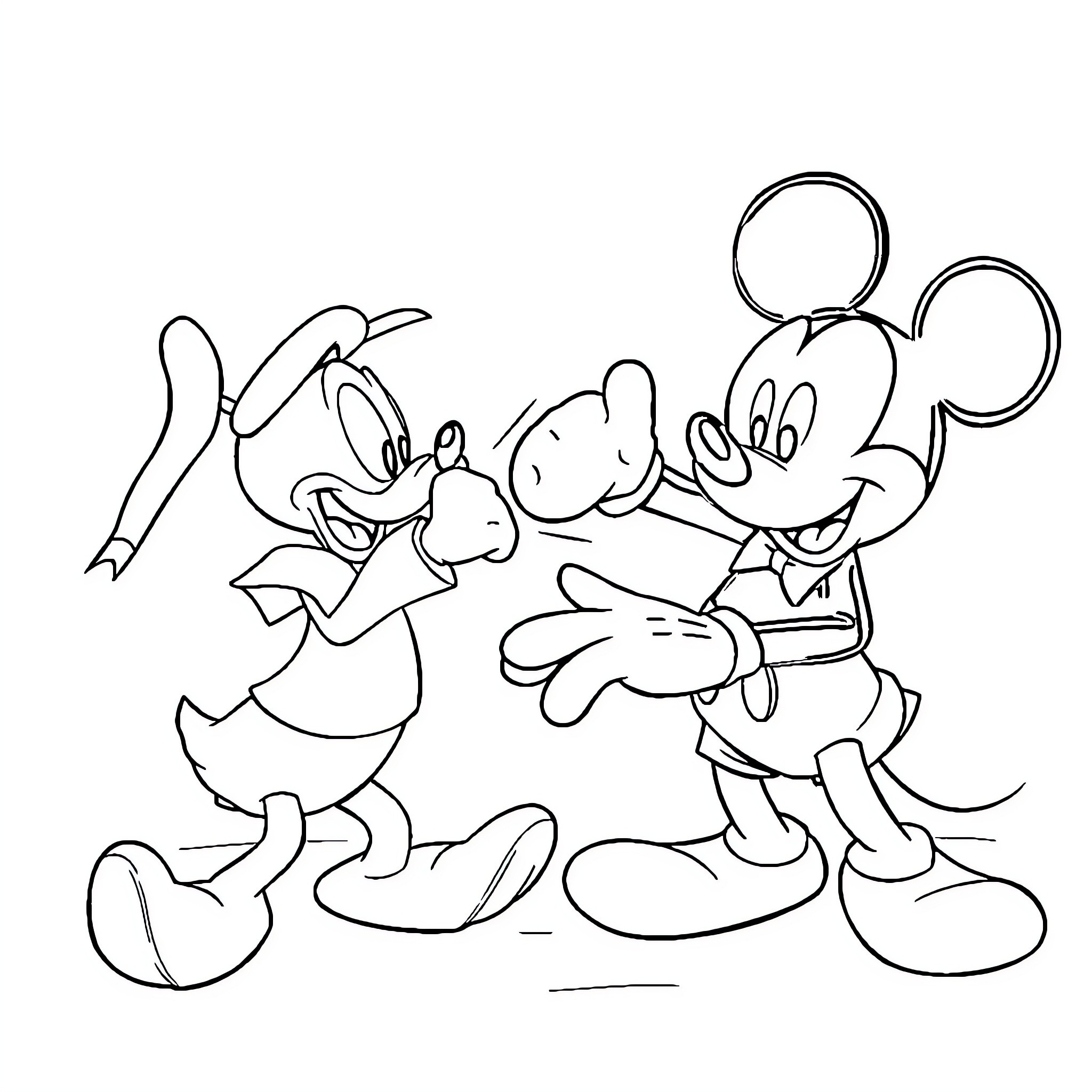 Mickey Mouse and friends in playful embrace Coloring Page (free black-and-white line drawing printable PDF for all, from beginners to advanced learners, including children, teens, adults, and seniors)