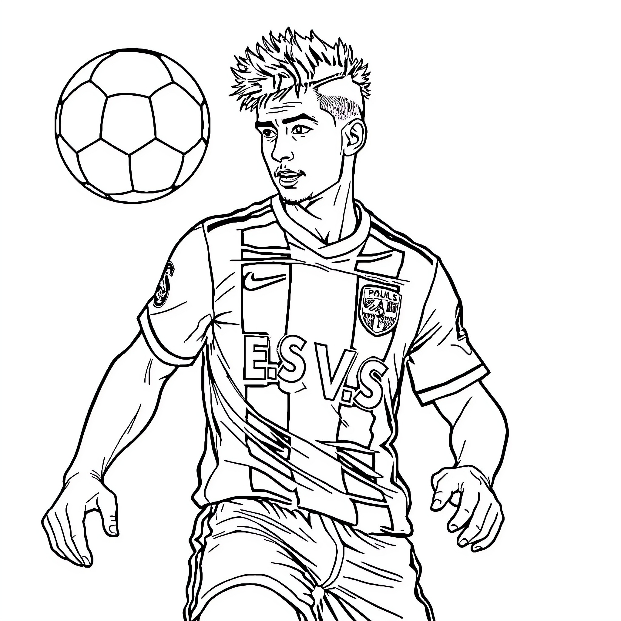 Footballer celebrating victory on the field Coloring Page (free black-and-white line drawing printable PDF for all, from beginners to advanced learners, including children, teens, adults, and seniors)