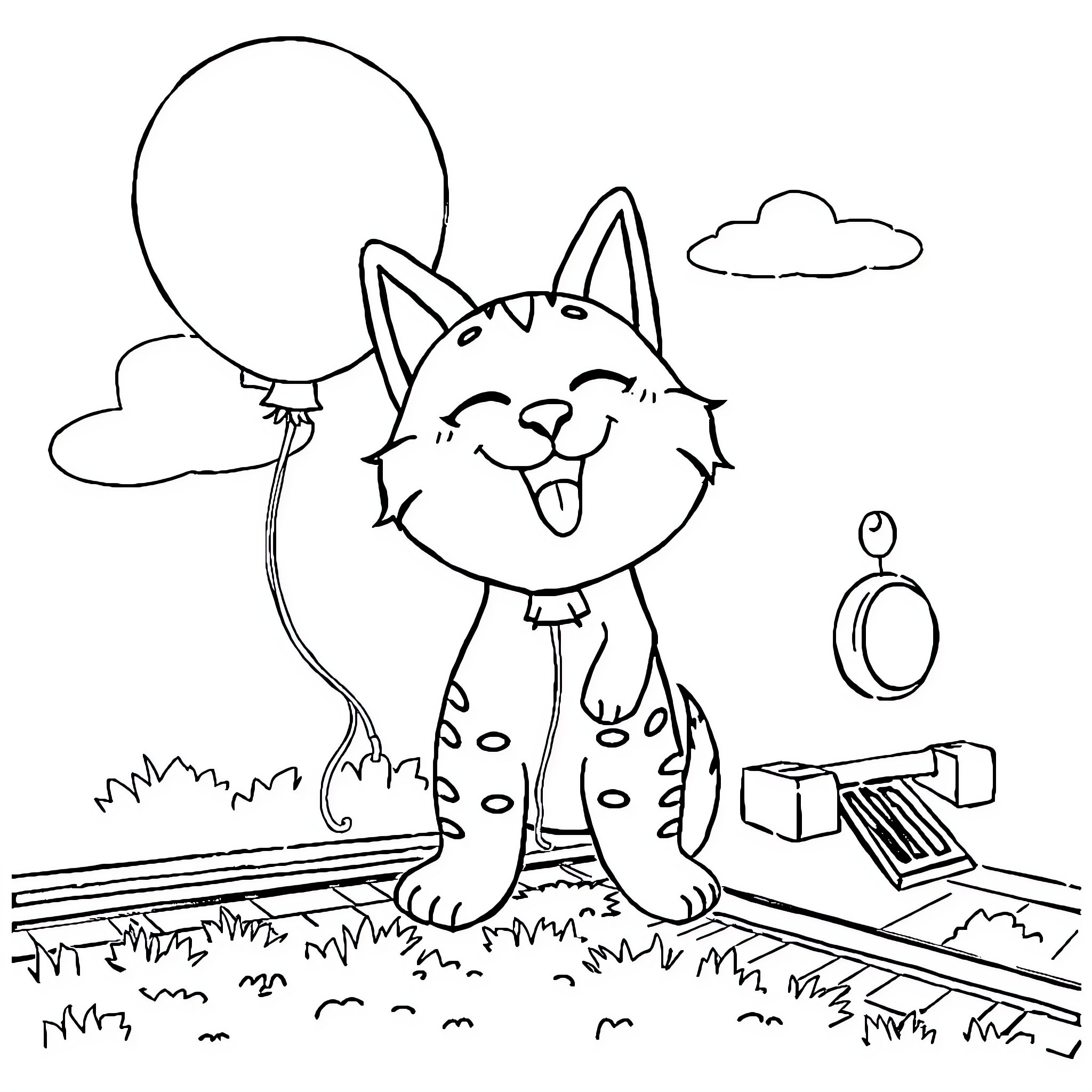 Zig the Playful Cat with Balloon Coloring Page (free black-and-white line drawing printable PDF for all, from beginners to advanced learners, including children, teens, adults, and seniors)