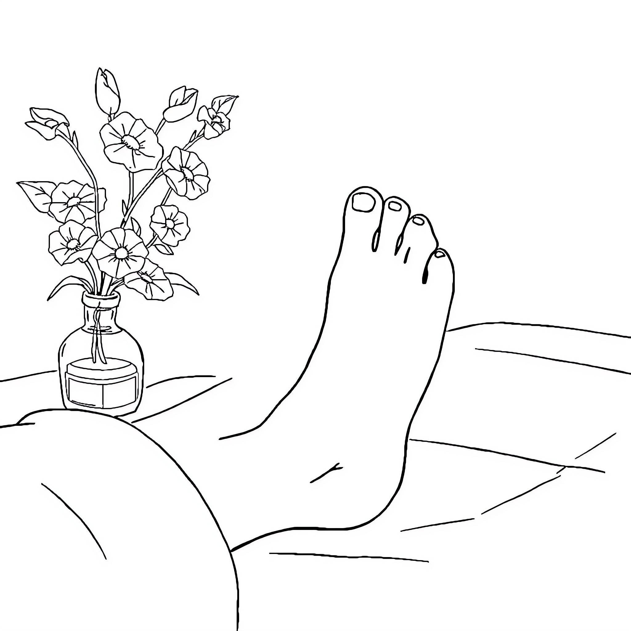 Masseuse preparing for relaxing foot treatment Coloring Page (free black-and-white line drawing printable PDF for all, from beginners to advanced learners, including children, teens, adults, and seniors)